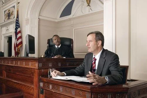 Expert witness in a suit providing testimony in court before a judge.