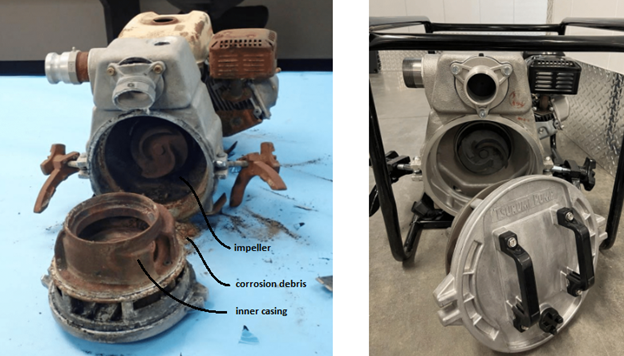 Two images of turbochargers; the left image shows a disassembled turbo with labeled parts including impeller, corrosion debris, and inner casing, while the right image displays a clean, assembled turbocharger.