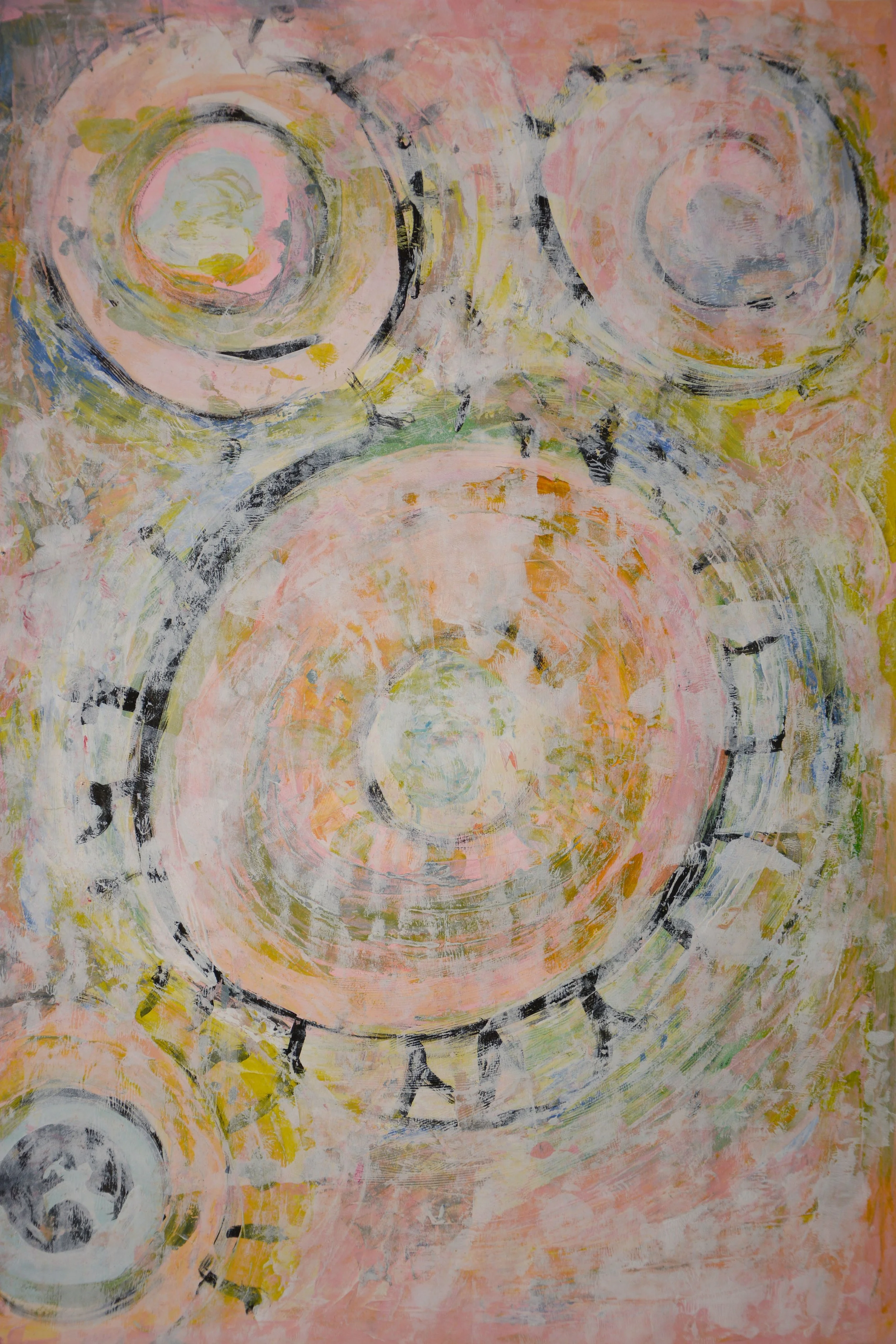 Abstract painting with circular patterns in pastel colors.