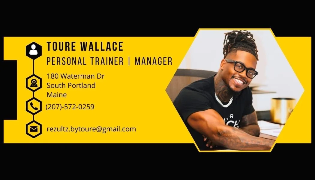 Business card for Toure Wallace, personal trainer and manager, includes contact information, and a photo of a smiling man with tattoos, glasses, and dreadlocks sitting at a desk.