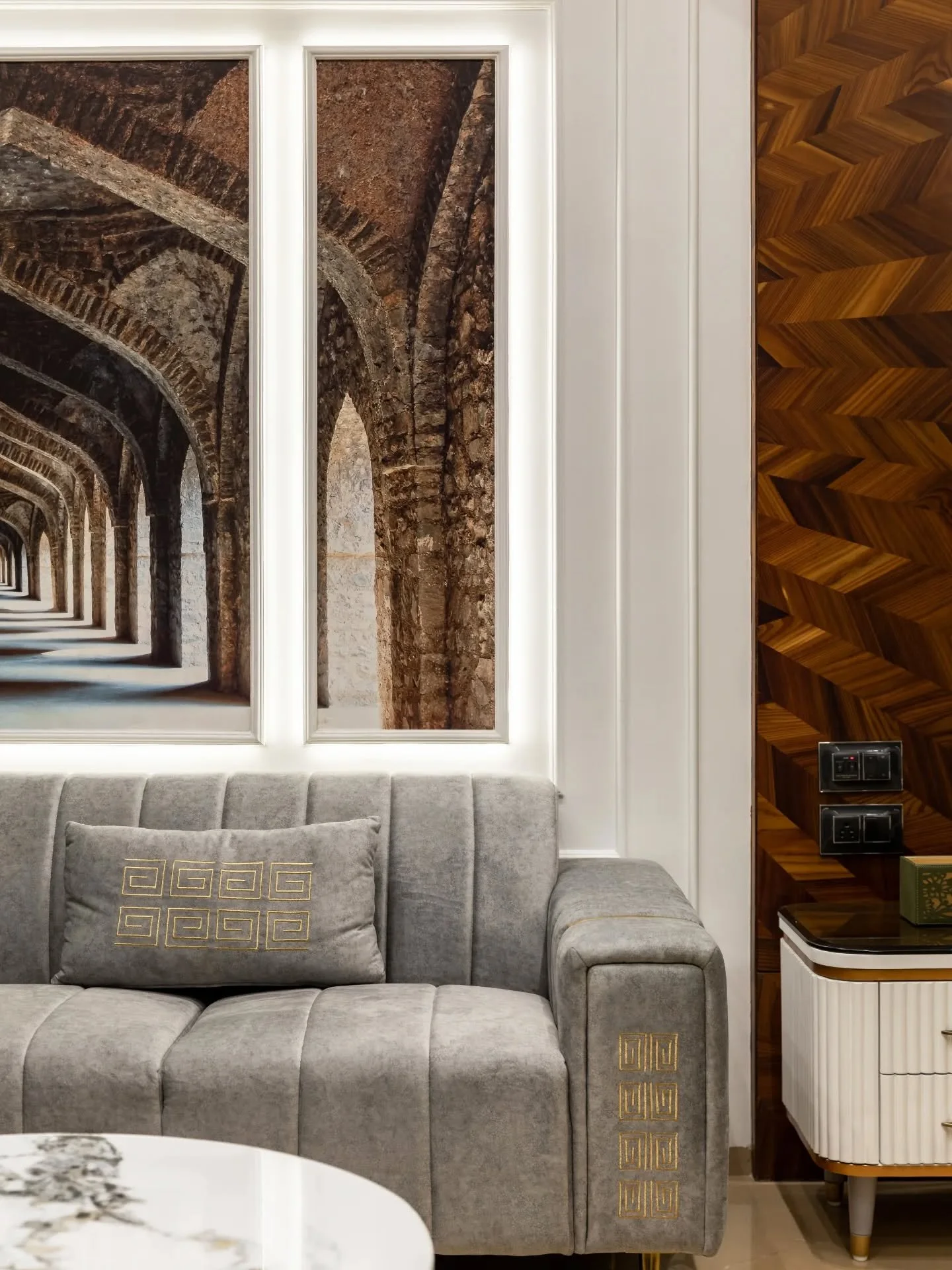 Luxury in this home is built through layers rather than just statements. Velvet, leather, marble, wood, and subtle gold detailing come together with remarkable consistency, creating interiors that feel rich without feeling heavy. Traditional motifs a