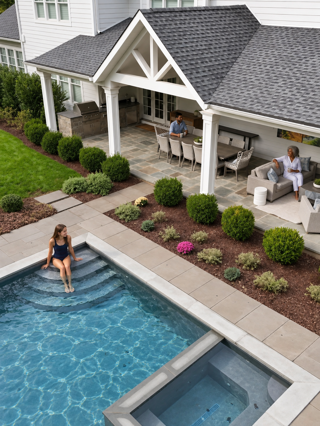 Child in pool and people under pavilion.png