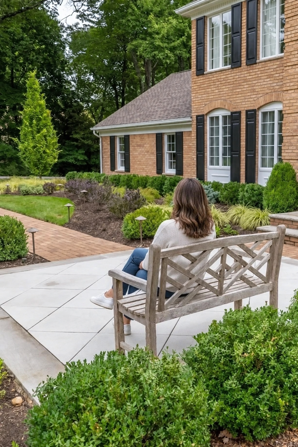 Woman sitting on wooden bench with paver patio and walkway