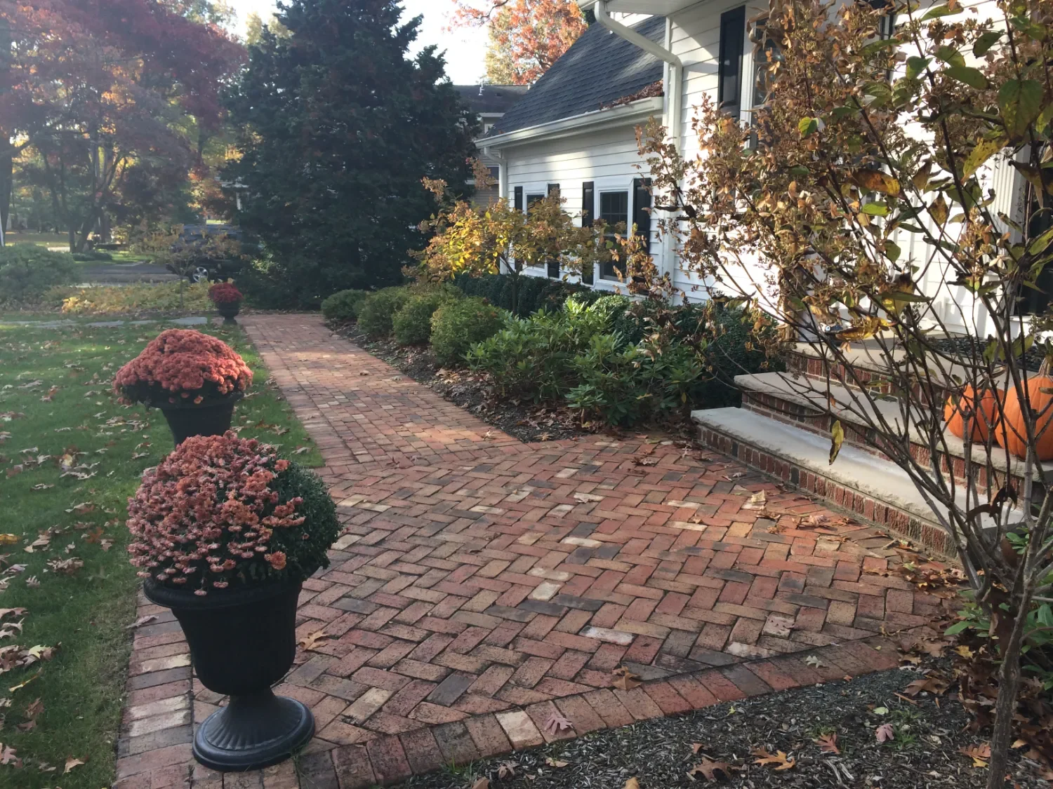 paver walkway bordered by manicured hedges and flowering perennials in Ridgewood, NJ