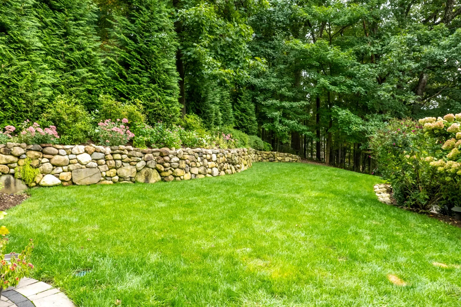 Natural stone retaining wall defining the edge of a backyard lawn in Oradell, NJ