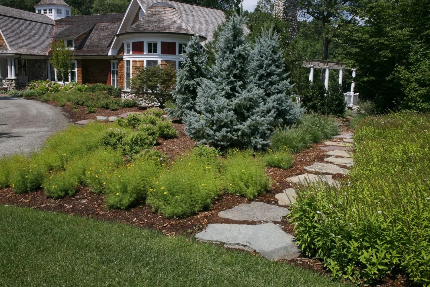 Natural stone steps transitioning into a soft woodland pathway in Oradell, NJ