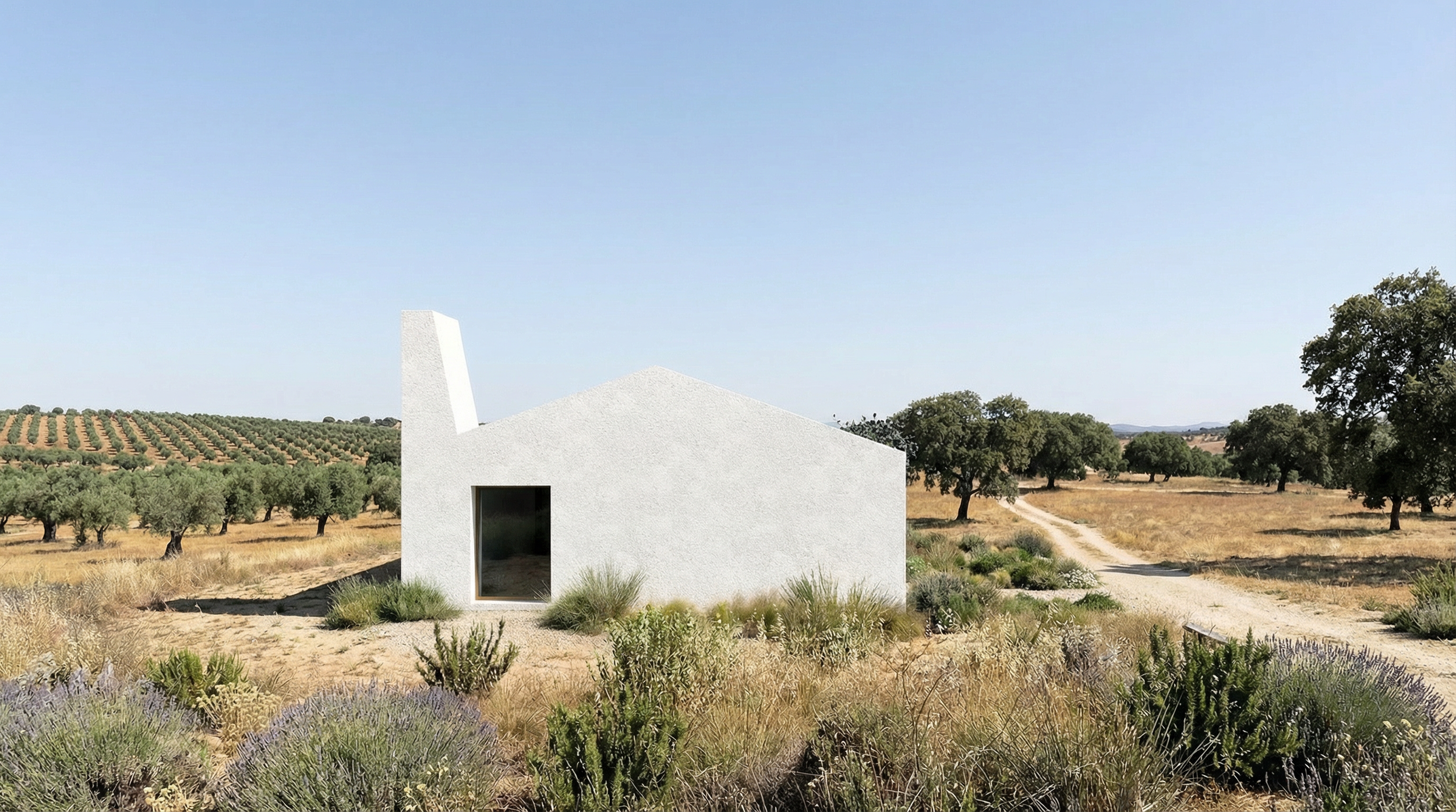 Alentejo House West Facade Integrated into Realistic Alentejo Landscape Context with Road Position Reference.png