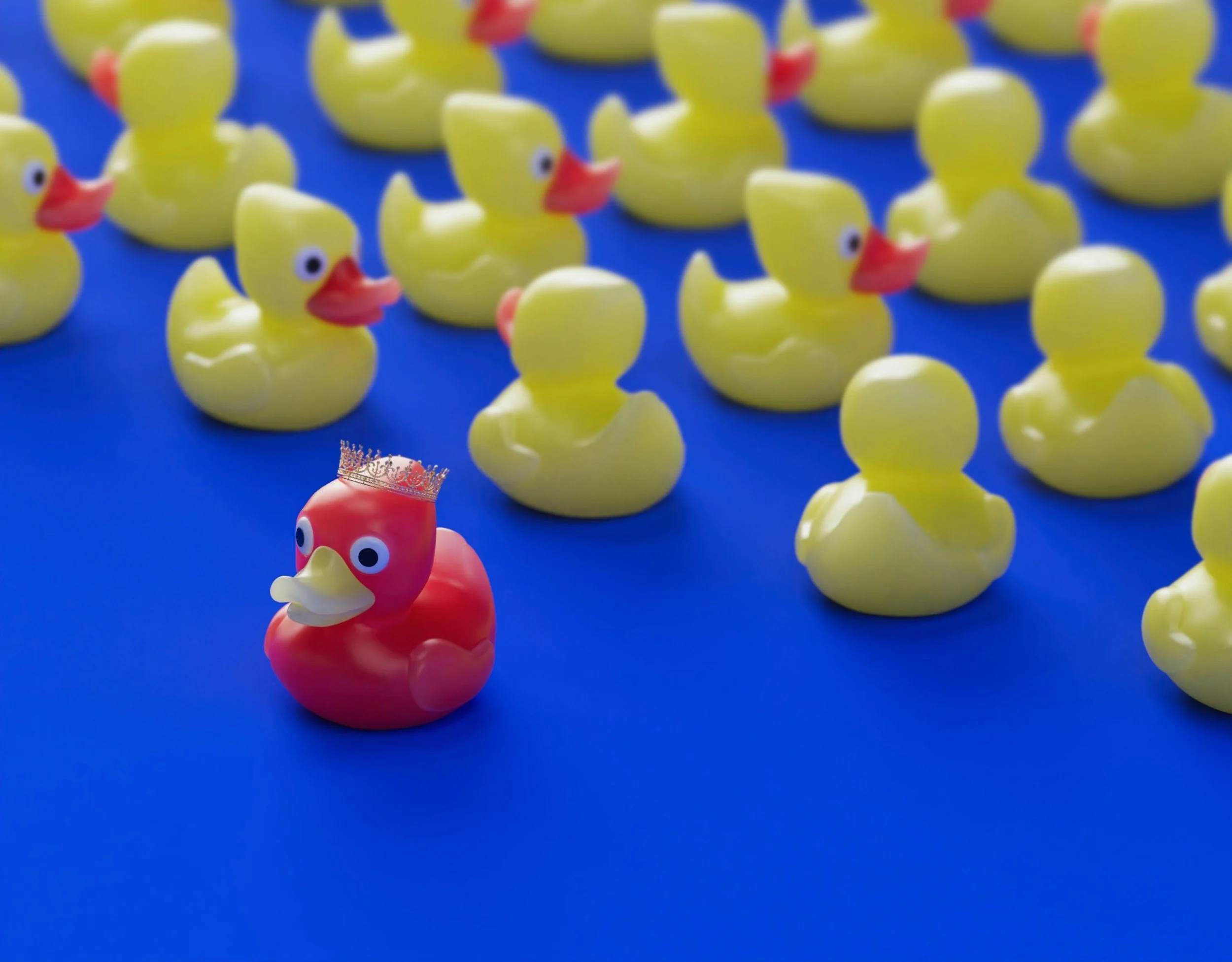 One red rubber duck standing out in a group of yellow rubber ducks