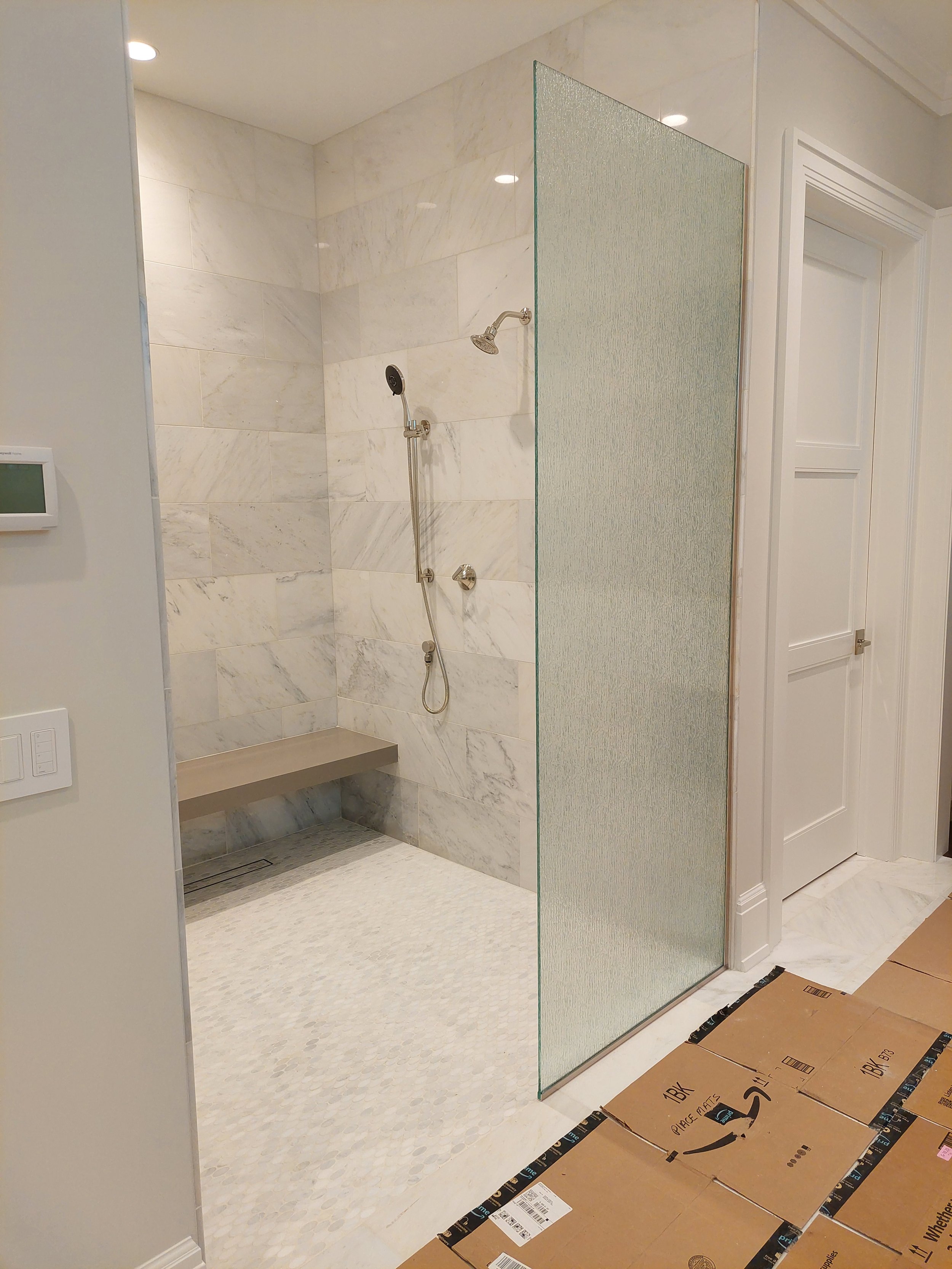 Stand alone shower panel using 3/8" thick rainglass