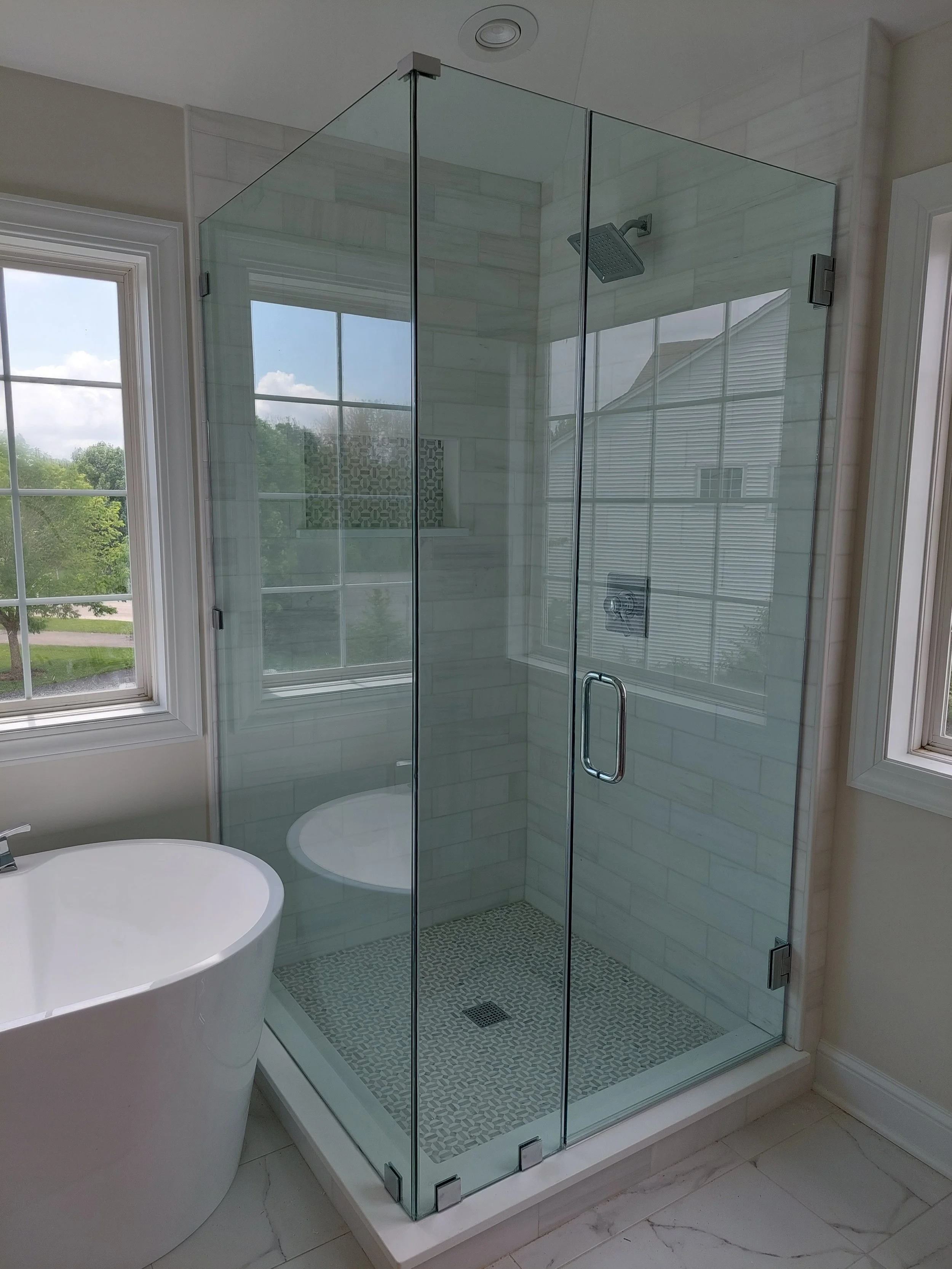 Large heavy glass frameless shower door