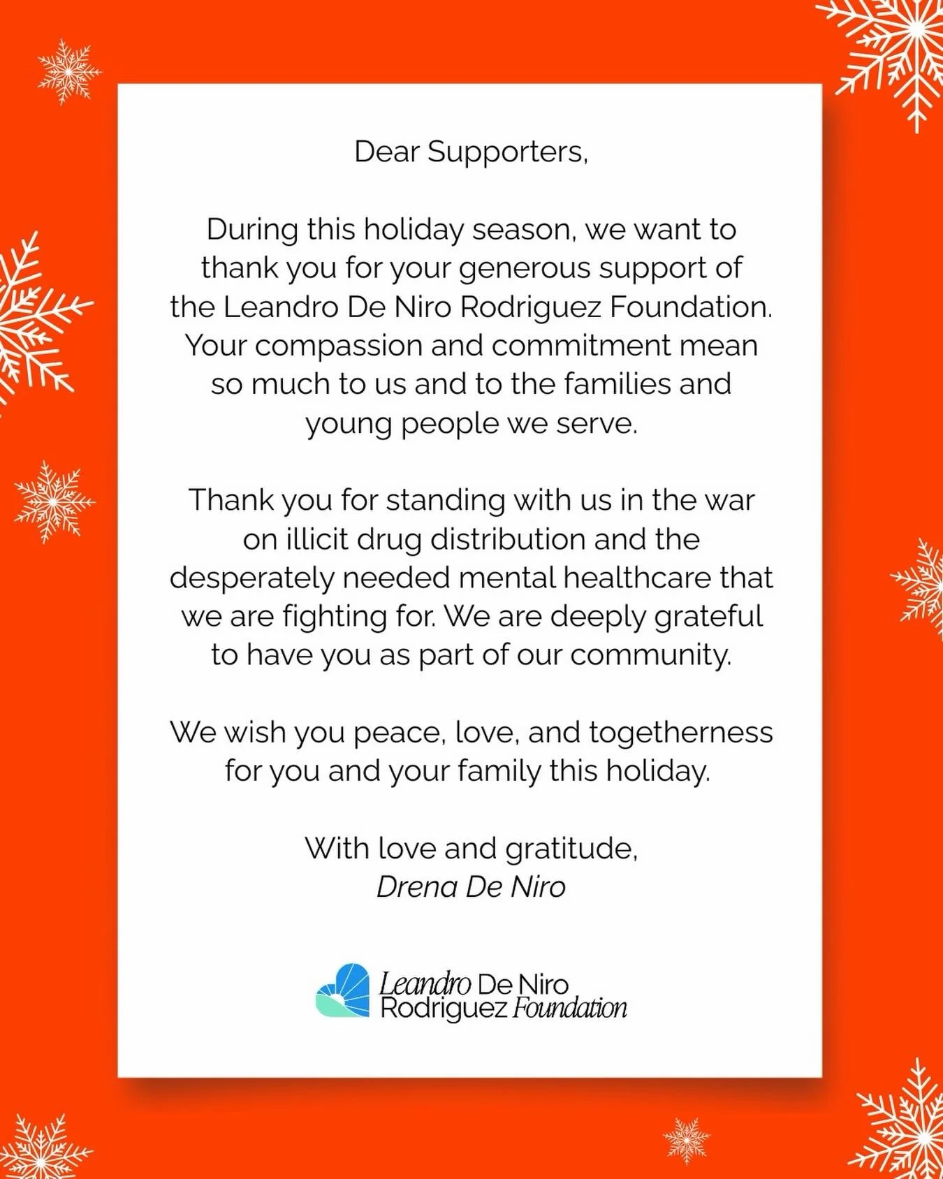 We&rsquo;re incredibly grateful for our community and all who stand with us in this work. We wish you and your family a happy holiday🤍

#YouCantSpellLoveWithoutLeo #LetsTalkAboutIt #LeandroDeNiroRodriguezFoundation #FacingFentanyl #FentanylPreventio
