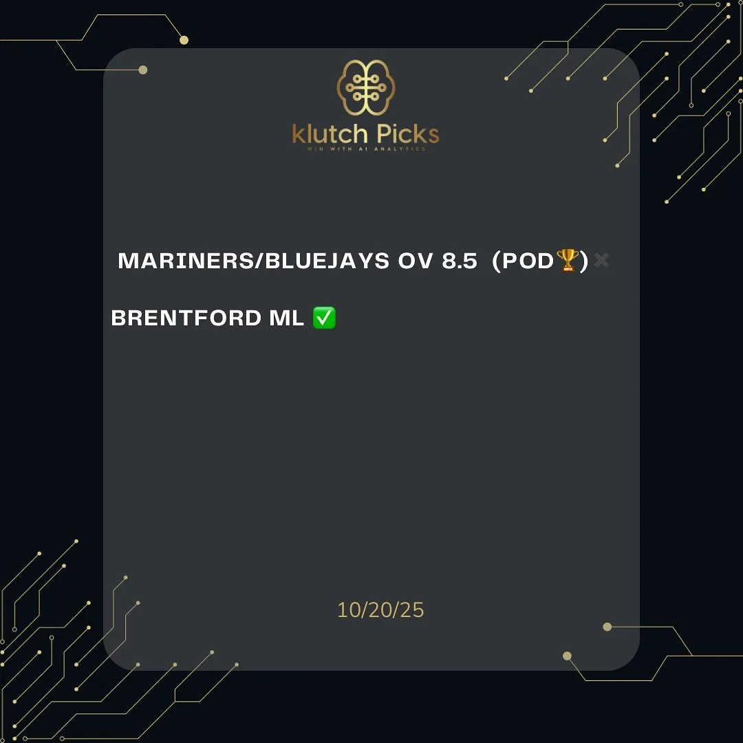 10/20/25 KLUTCH WINNERS. ✅

90-29 RUN💰💰💰

🗝️When data meets discipline , the results speak for themselves .

📌DM us for package information , let&rsquo;s get you winning with AI Analytics 🧠📊💰

#klutch #mlb #sports