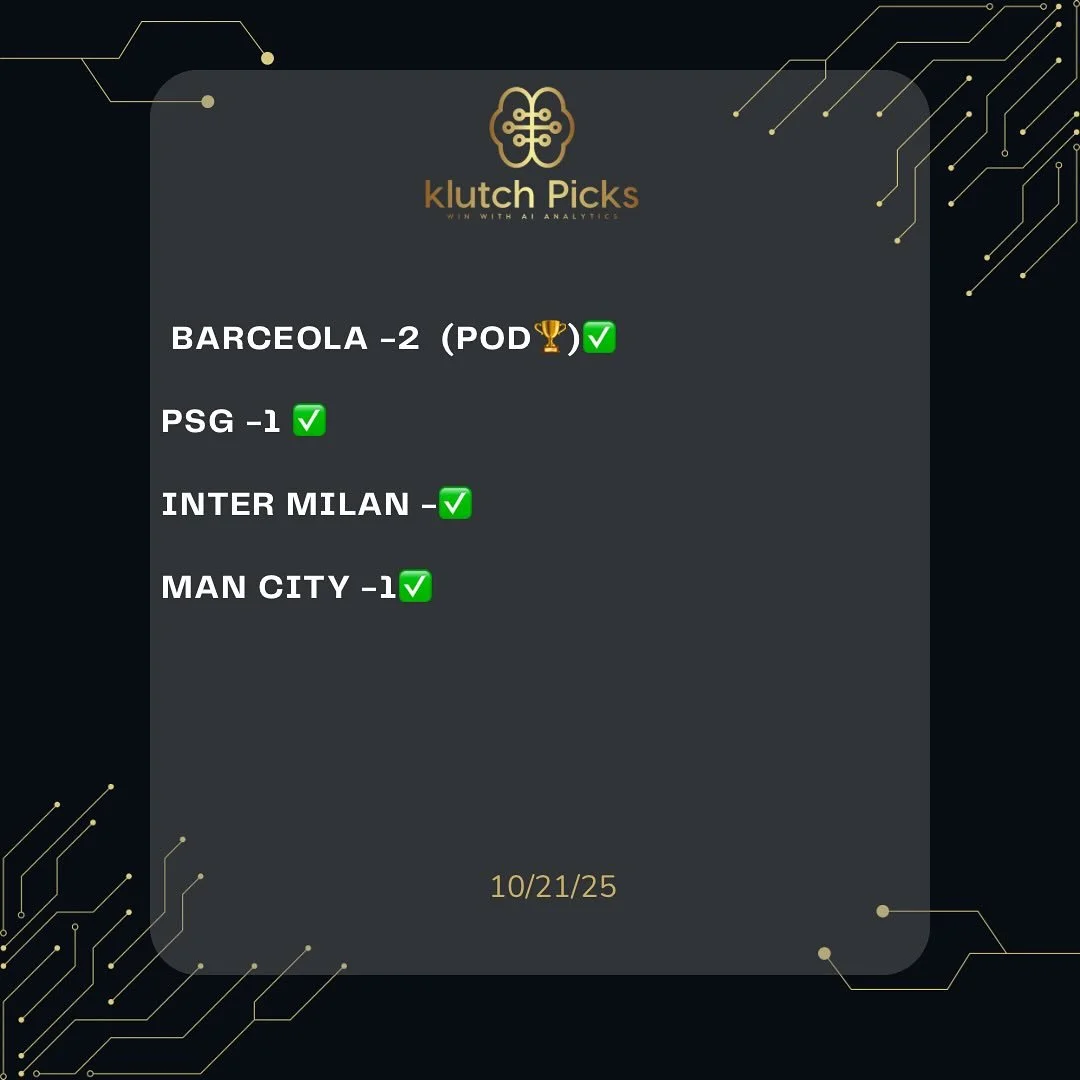 10/21/25 KLUTCH WINNERS. ANOTHER BANGER FROM THE ALGO KINGS WITH A SWEEP(4-0)✅✅✅✅

91-29 RUN💰💰💰

🗝️When data meets discipline , the results speak for themselves .

📌DM us for package information , let&rsquo;s get you winning with AI Analytics 🧠