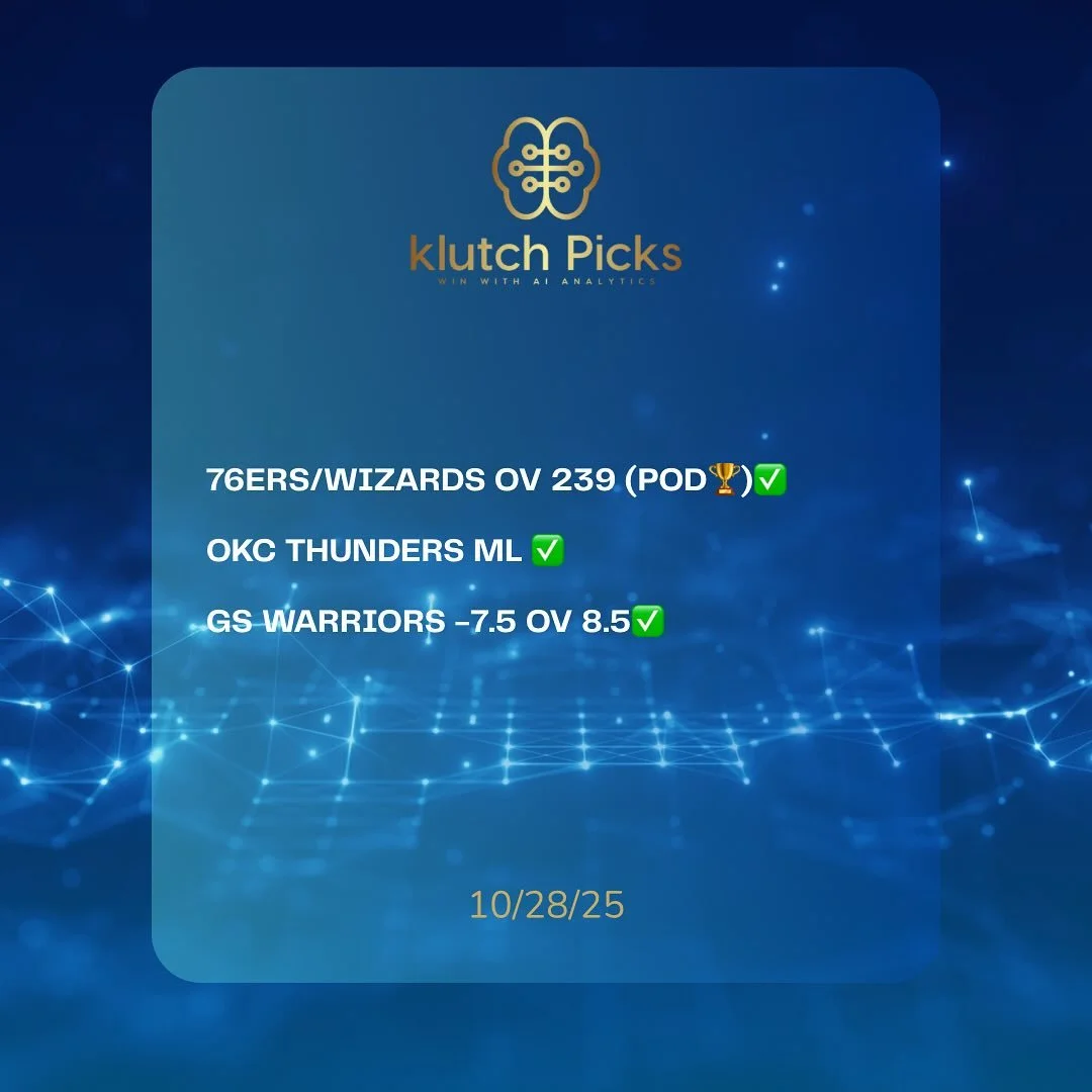 10/28/25 KLUTCH WINNERS. ANOTHER BANGER FROM THE ALGO KINGS WITH A SWEEP(3-0)✅

94-33 RUN💰💰💰

🗝️When data meets discipline , the results speak for themselves .

📌DM us for package information , let&rsquo;s get you winning with AI Analytics 🧠📊?