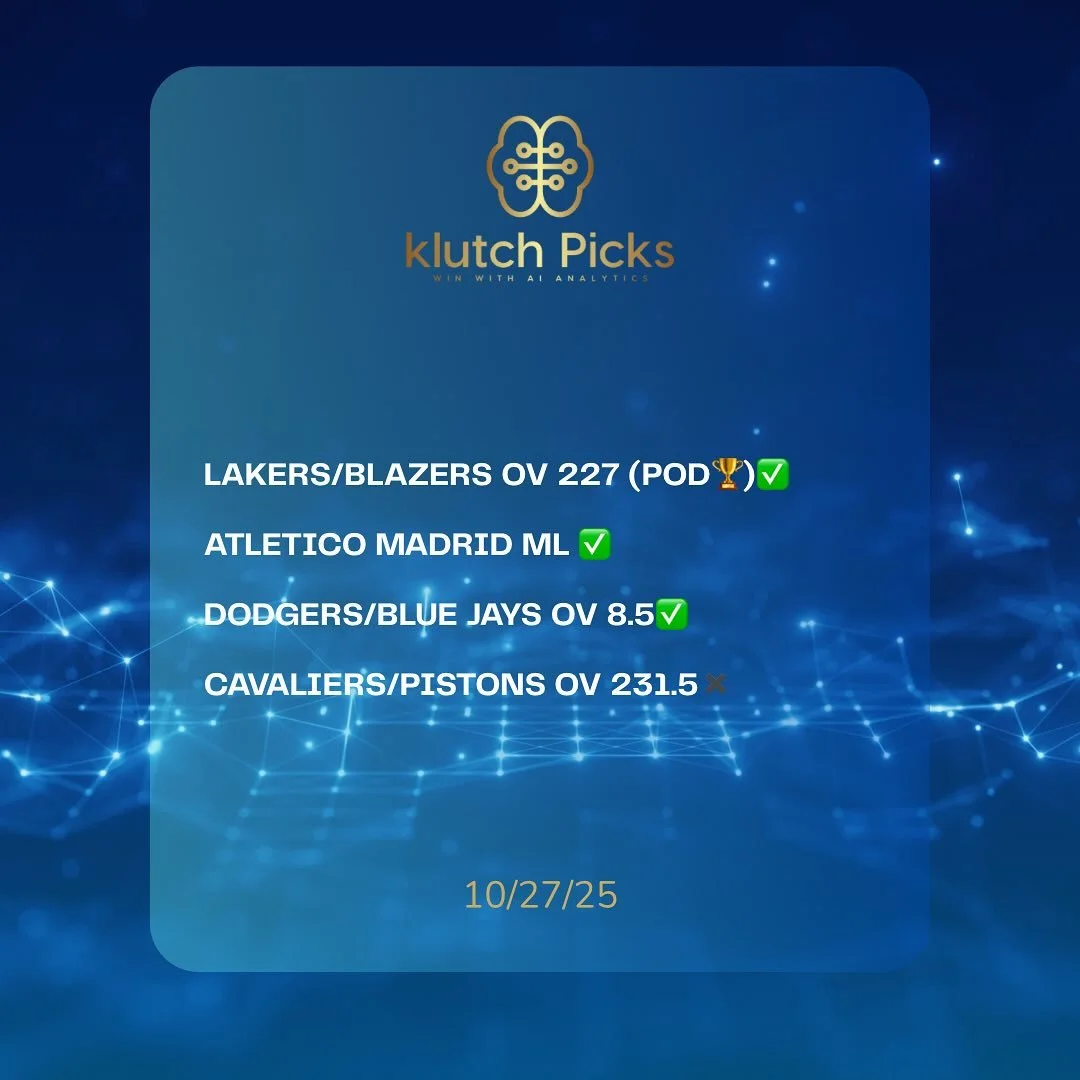 10/27/25 KLUTCH WINNERS. ANOTHER BANGER FROM THE ALGO KINGS WITH A HUGE POD WINNER✅✅✅

93-33 RUN💰💰💰

🗝️When data meets discipline , the results speak for themselves .

📌DM us for package information , let&rsquo;s get you winning with AI Analytic