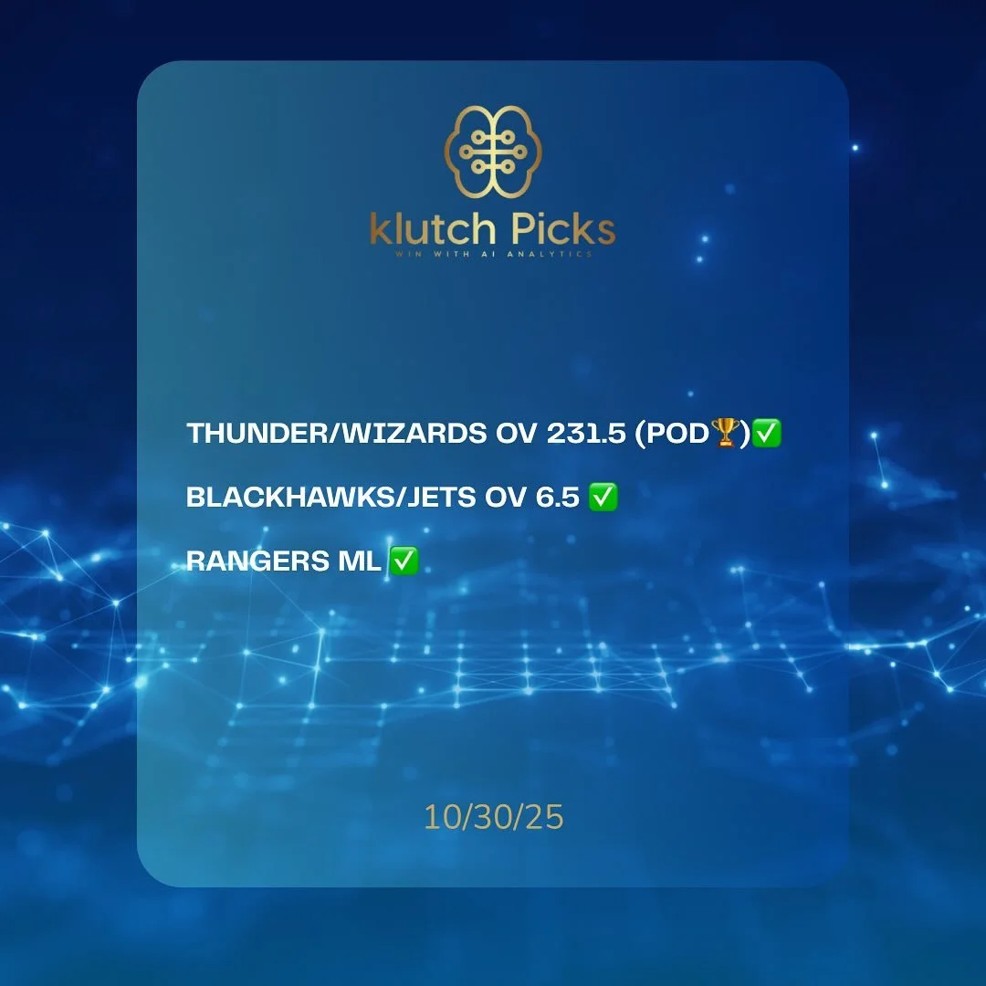10/30/25 KLUTCH WINNERS. ANOTHER BANGER FROM THE ALGO KINGS WITH A SWEEP(3-0)✅✅✅

95-34 RUN💰💰💰

🗝️When data meets discipline , the results speak for themselves .

📌DM us for package information , let&rsquo;s get you winning with AI Analytics 🧠?