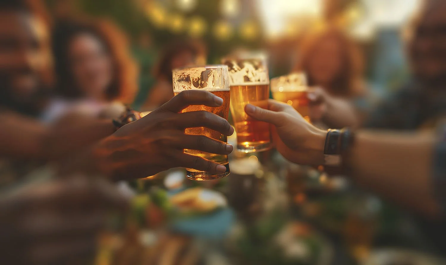 Group of friends clinking glasses of beer during sunset at outdoor gathering