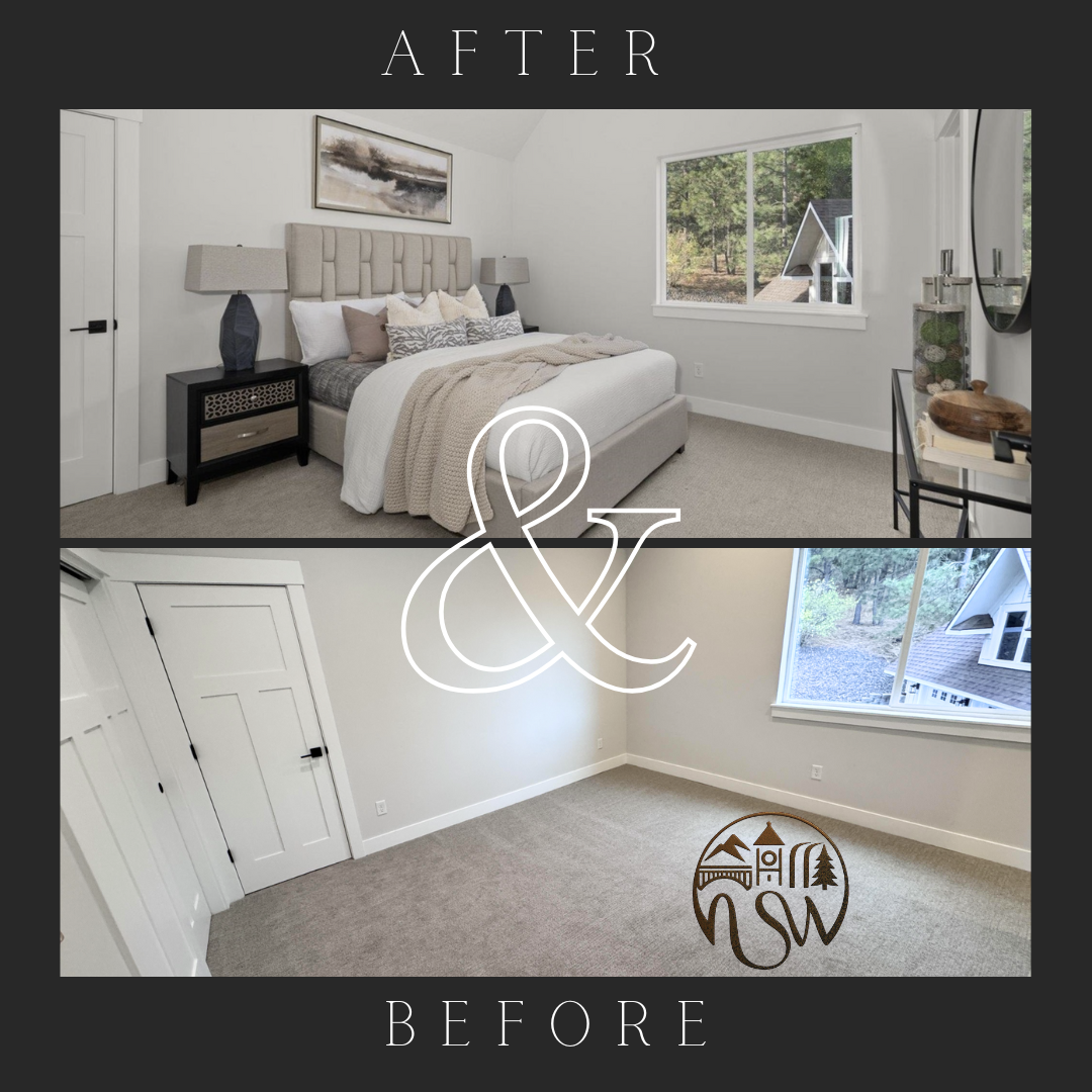 Before and after of a bedroom: staged with a bed, nightstands and lamps versus the same space empty and carpeted