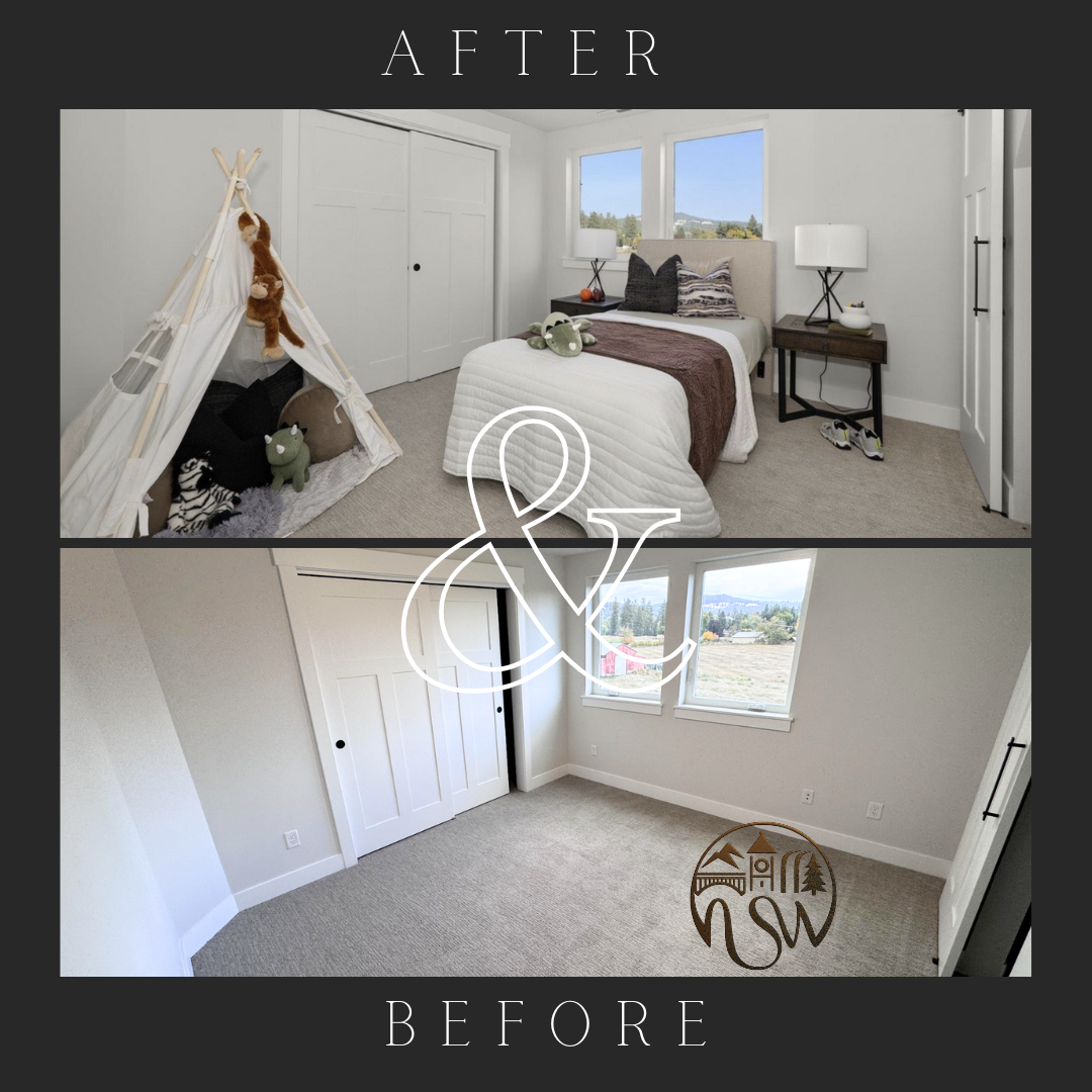 Before and after of a child’s bedroom: staged with a canopy bed and playful décor versus an unfurnished, carpeted room.
