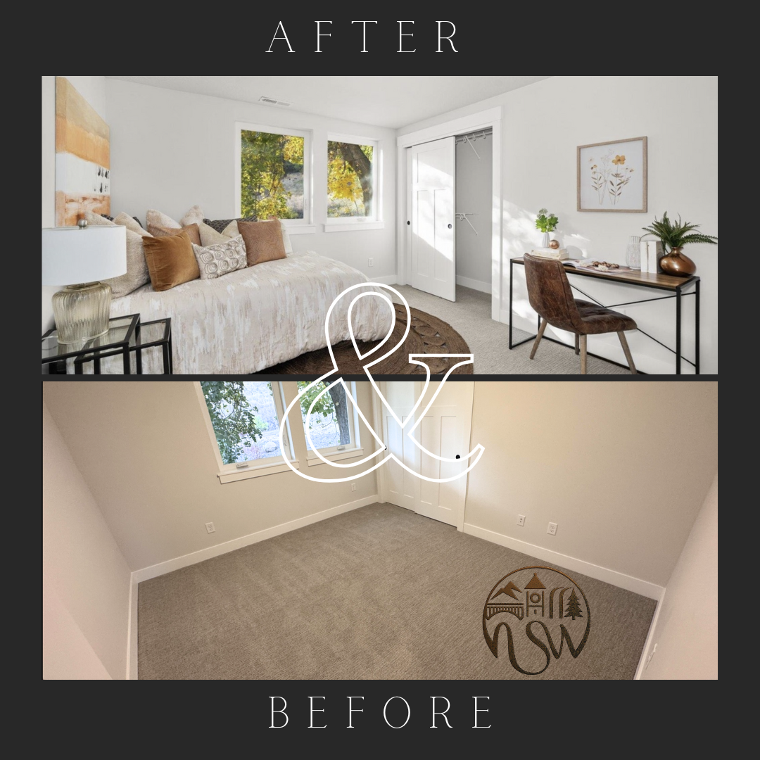 Before and after of a bedroom with a workspace: staged with a bed, pillows and a small desk versus an empty beige roomBefore and after of a bedroom with a workspace: staged with a bed, pillows and a small desk versus an empty beige room