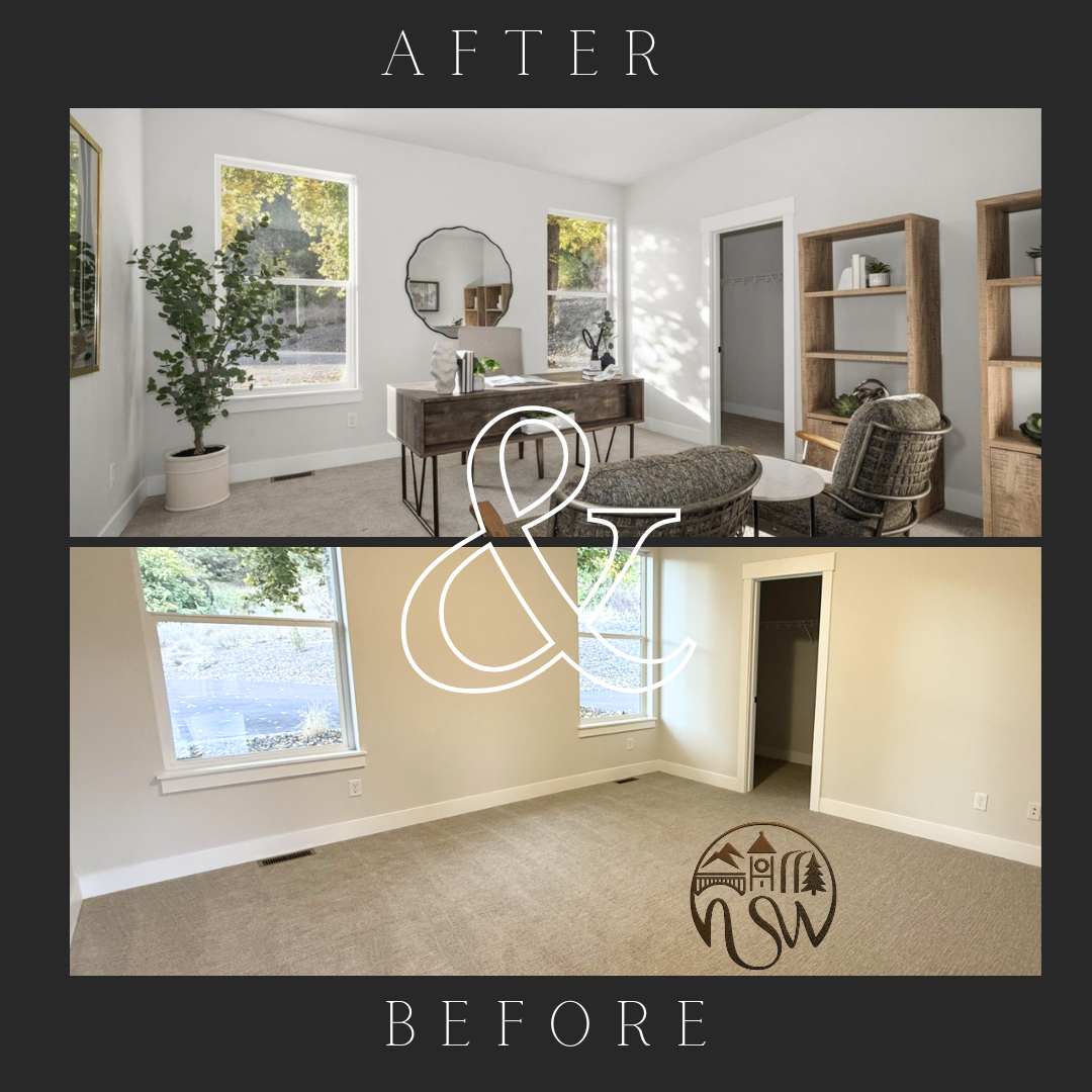 Before and after of a home office: staged with a desk, chairs and shelving versus a bare room with beige carpet