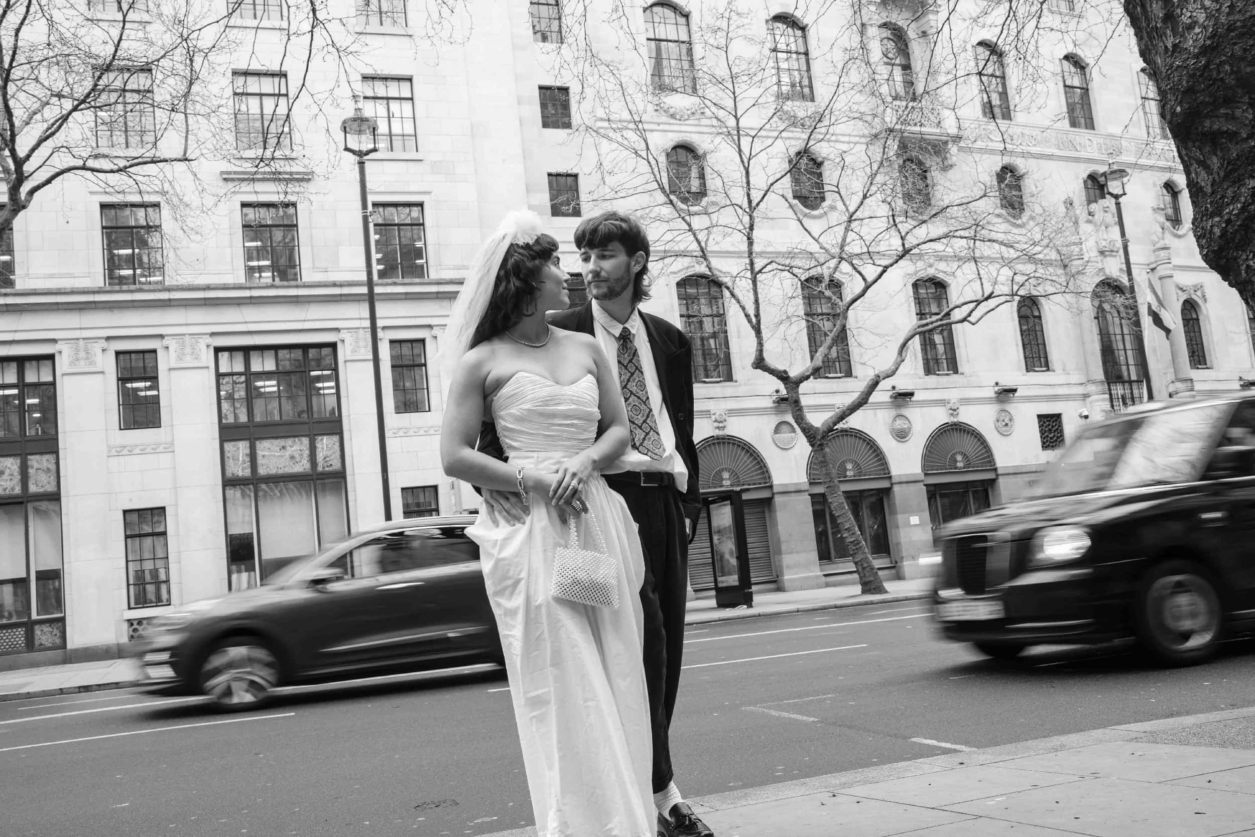 A bride and groom in London