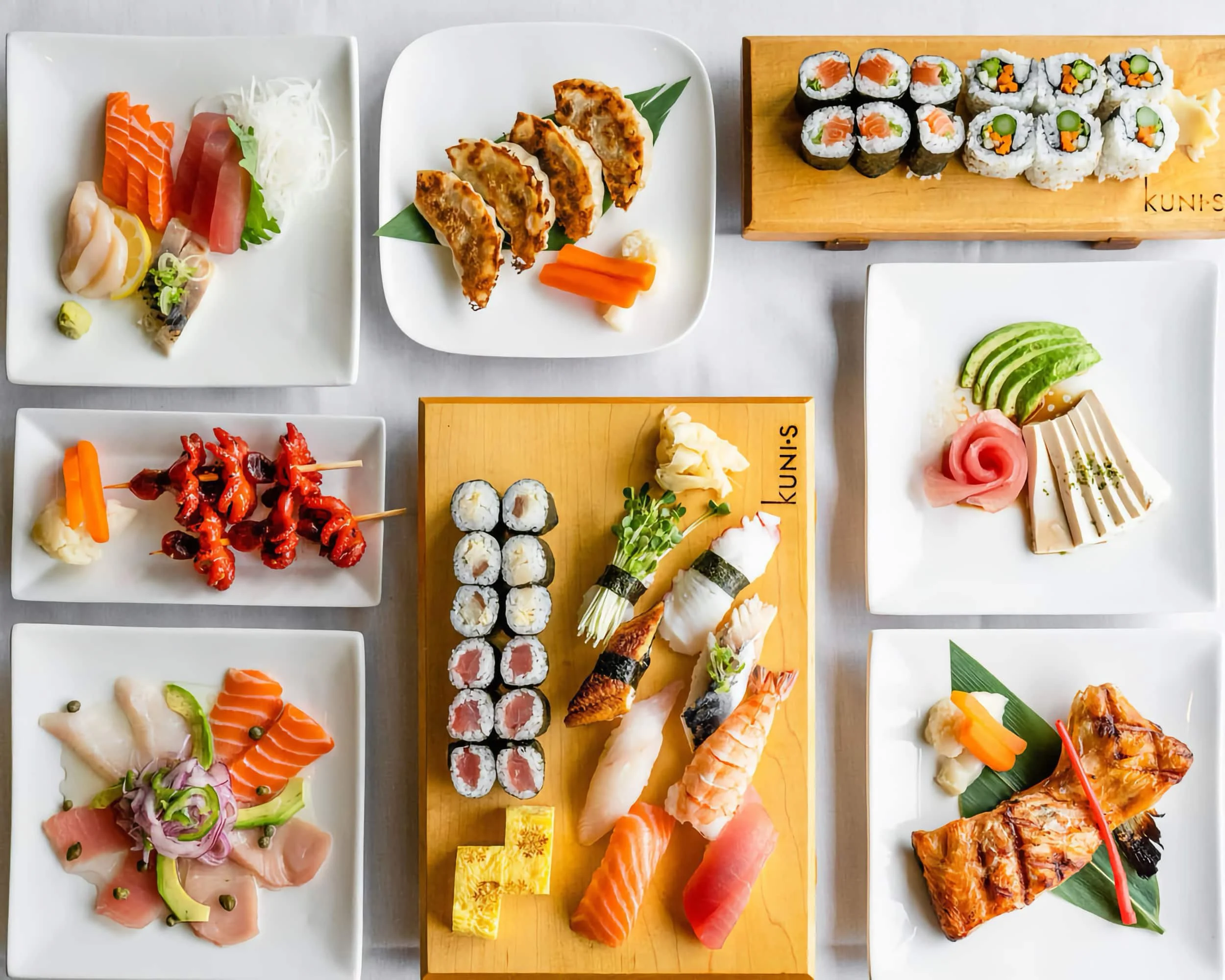 Plates of sushi seen from above