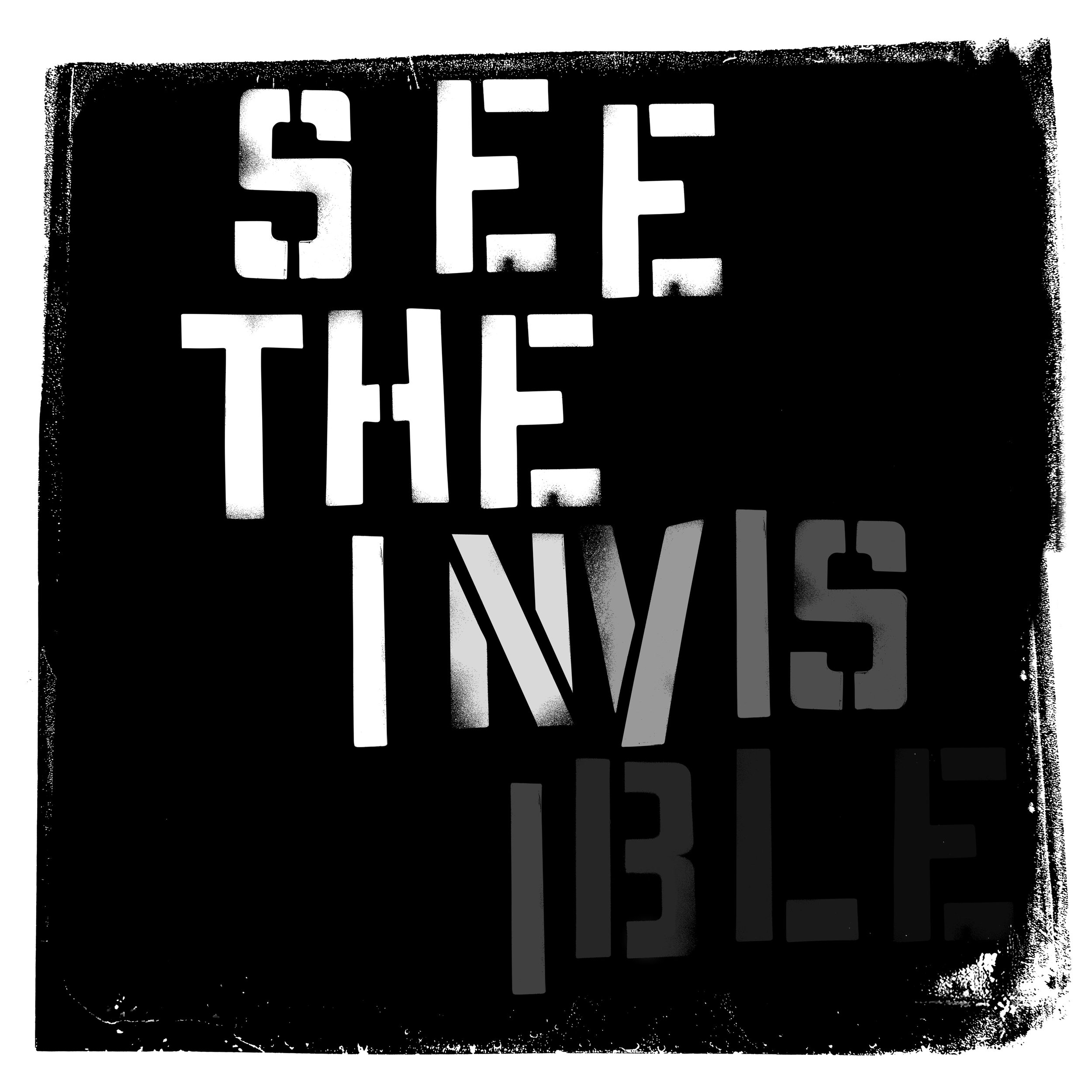 Black and white sign with cut-out letters that read "See the mini" in a stencil style