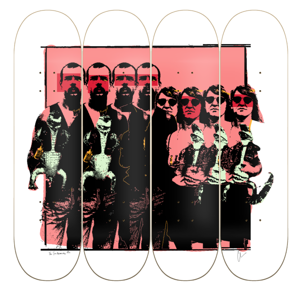 A stylized, multi-panel digital artwork featuring five men and two women wearing sunglasses. The men on the left hold bottles and are dressed in casual clothing, while the women on the right are also in casual attire. The background is pink with blac