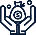 Icon of a hand holding a bag of money with a dollar sign