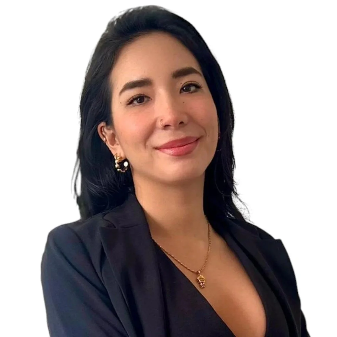 Black and white portrait of a woman with shoulder-length dark hair, wearing earrings, a necklace, and a blazer, smiling slightly.
