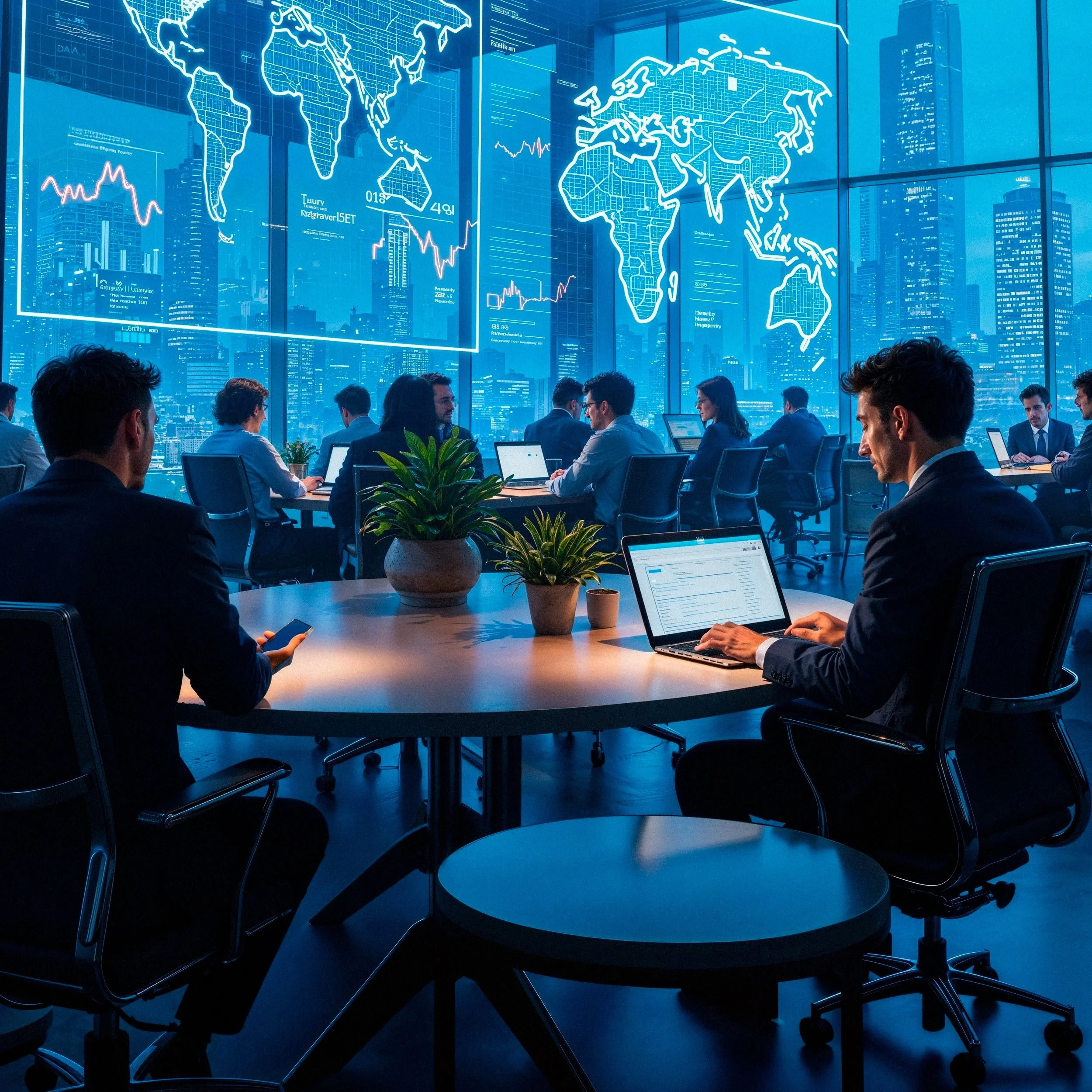 A futuristic office with large digital screens displaying a world map and financial data, overlooking a city skyline with tall buildings.
