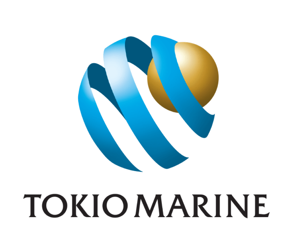 Logo of Tokio Marine HCC featuring a gold and blue globe with blue ribbons surrounding it, and the company name in black text.