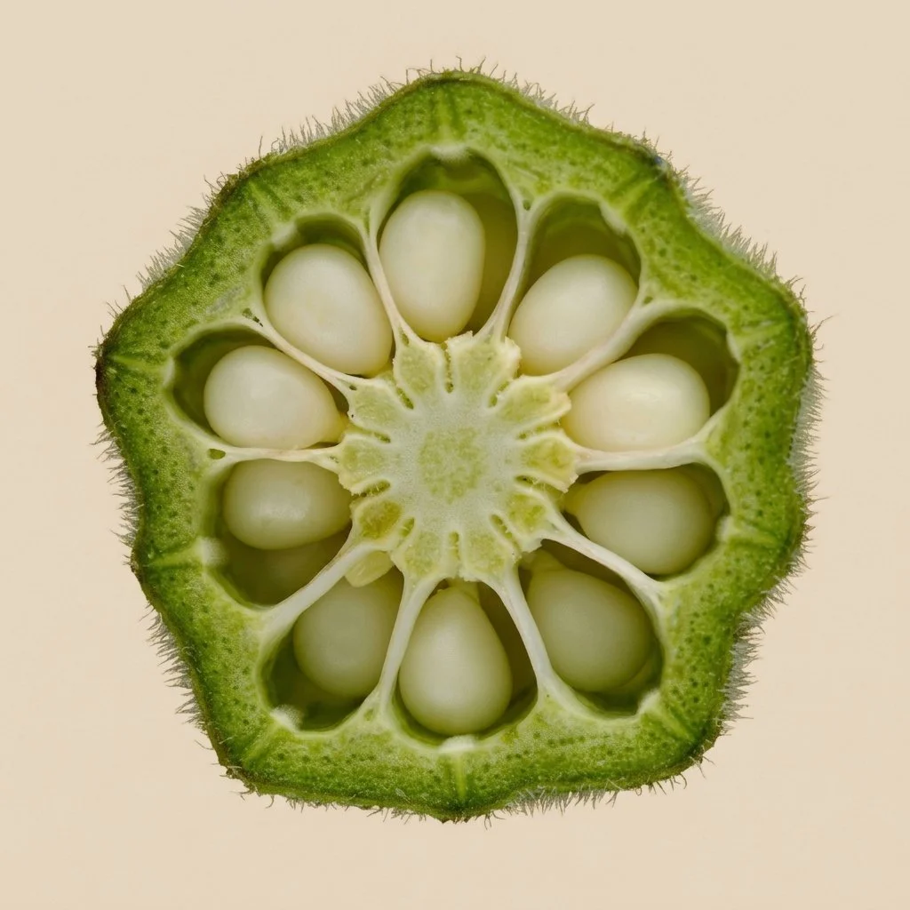 Sliced American okra showing star-shaped cross section and seeds, fresh tropical vegetable by Ecoripe