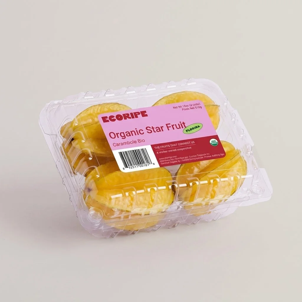 Organic star fruit in clamshell packaging, fresh carambola retail ready, wholesale supplier Ecoripe Tropicals