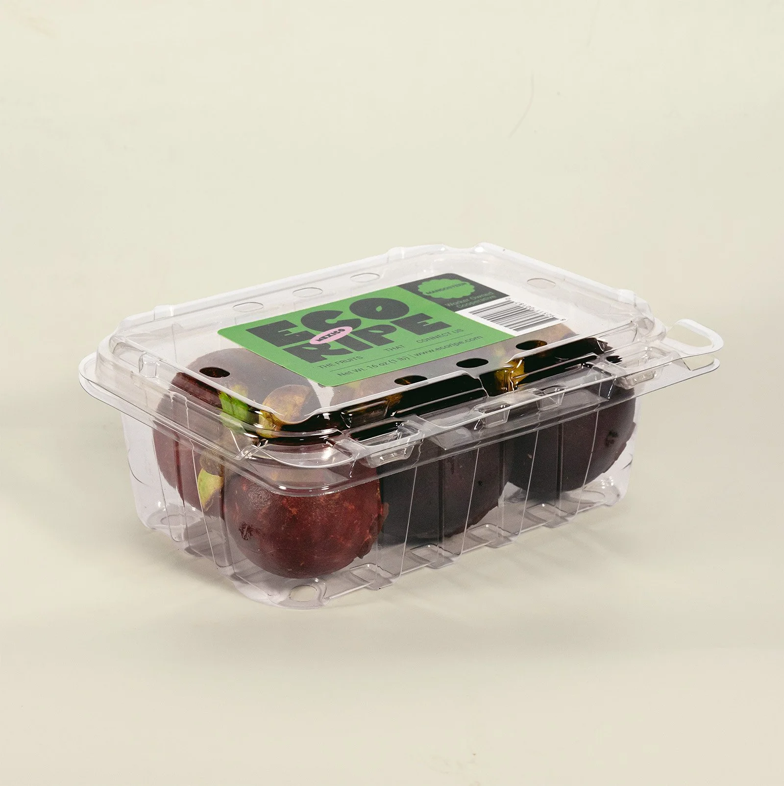 Mangosteen in clamshell packaging, fresh tropical fruit ready for retail, by Ecoripe Tropicals