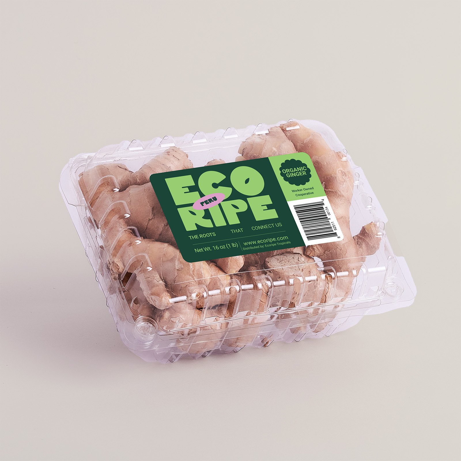 Organic ginger in clamshell packaging, fresh root ready for retail display, by Ecoripe Tropicals