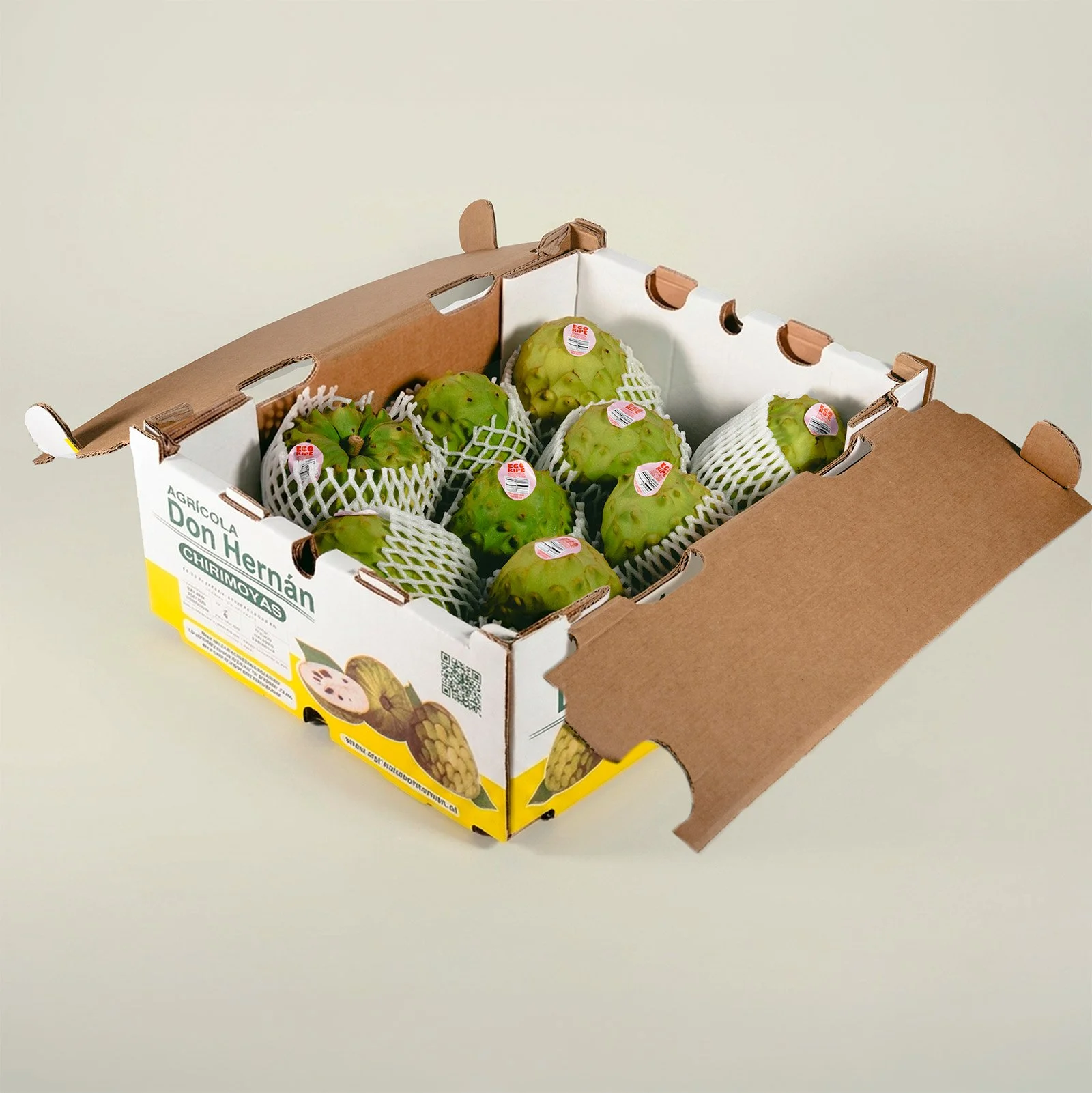 Case of fresh cherimoya packed for wholesale shipment, tropical fruit by Ecoripe Tropicals