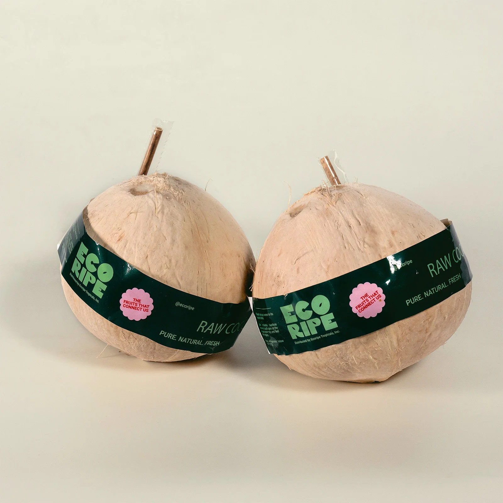Pair of fresh ready to drink coconuts, trimmed and prepped for easy tapping, by Ecoripe Tropicals