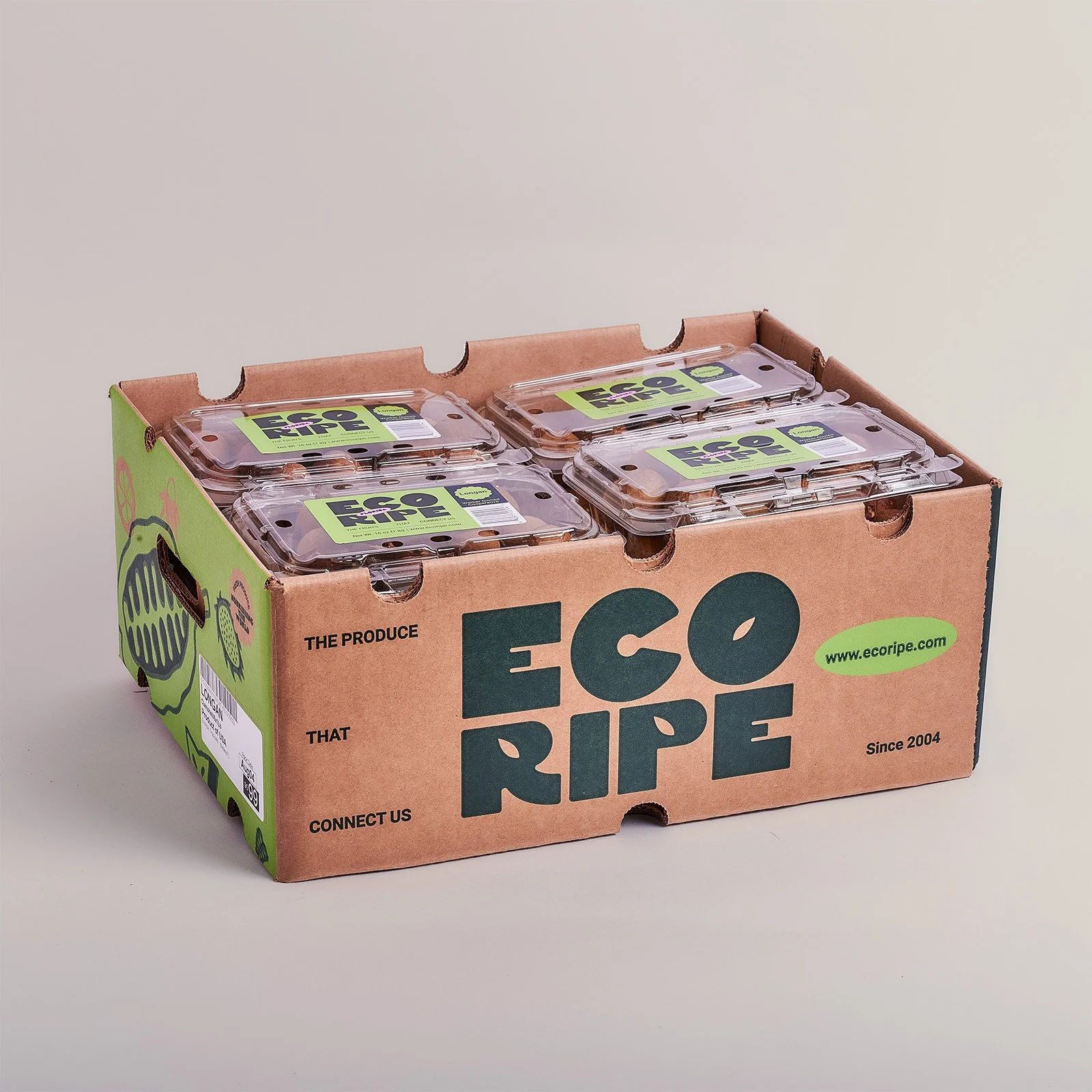 Case of longan clamshells packed for wholesale shipment, fresh tropical produce by Ecoripe Tropicals