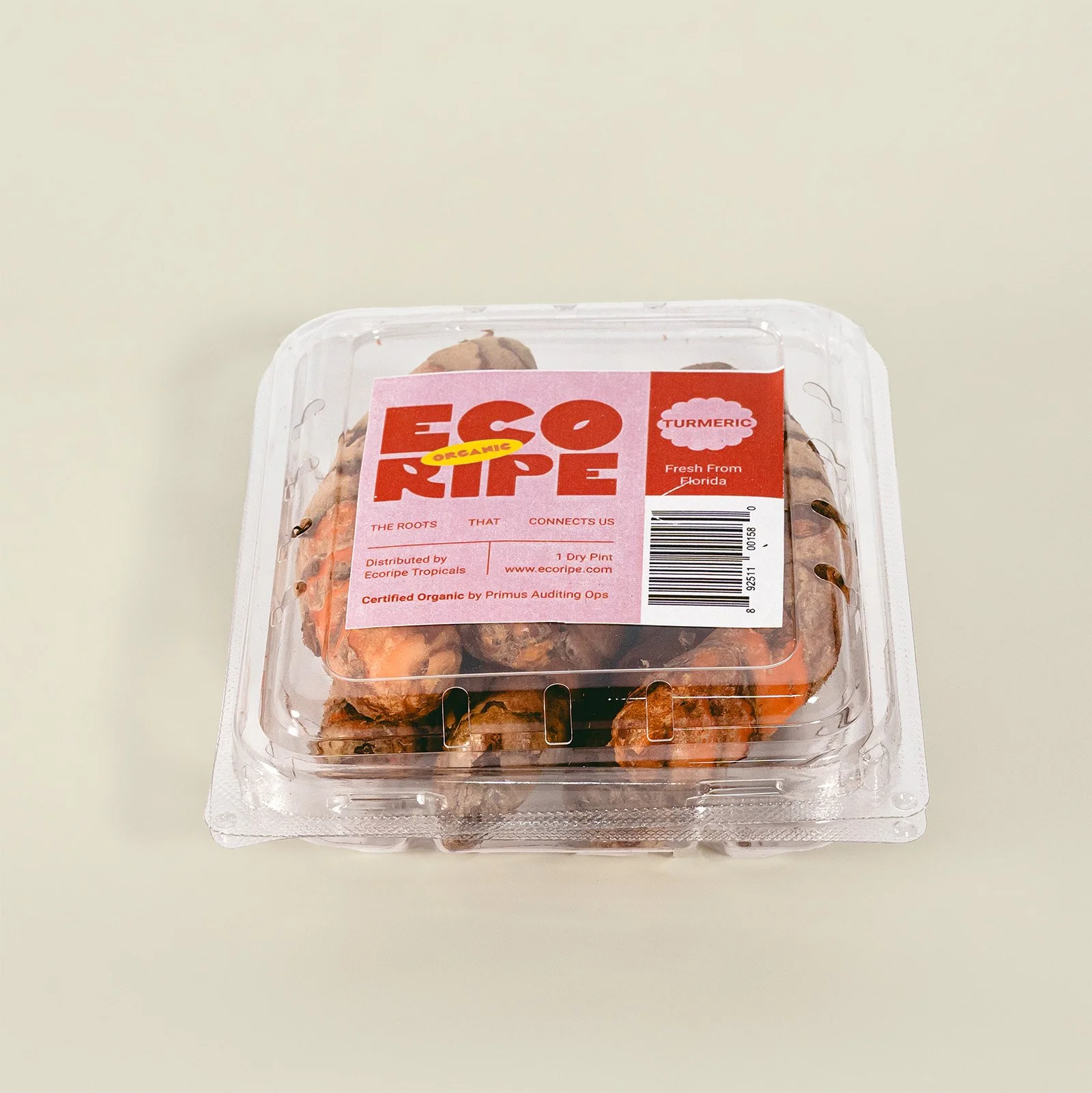 Organic turmeric in clamshell packaging, fresh turmeric root retail ready, wholesale supplier Ecoripe Tropicals