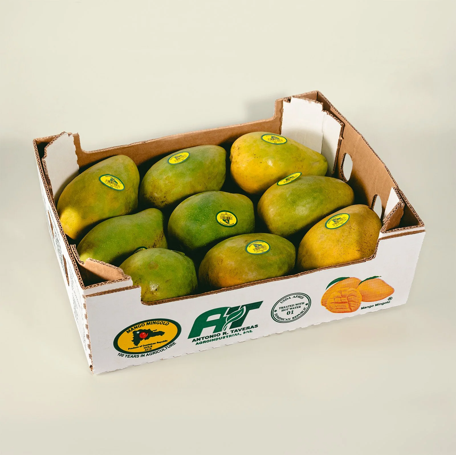 Bulk case of Mango Mingolo, wholesale Dominican mango supplier for retailers, Ecoripe Tropicals tropical produce