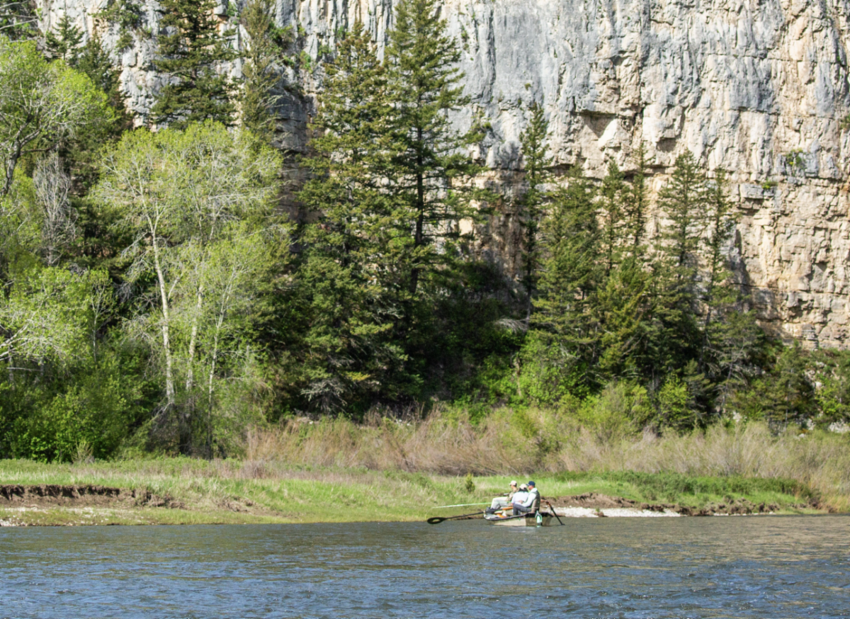 Rowing a drift boat through the Smith River canyon beneath limestone cliffs in Montana