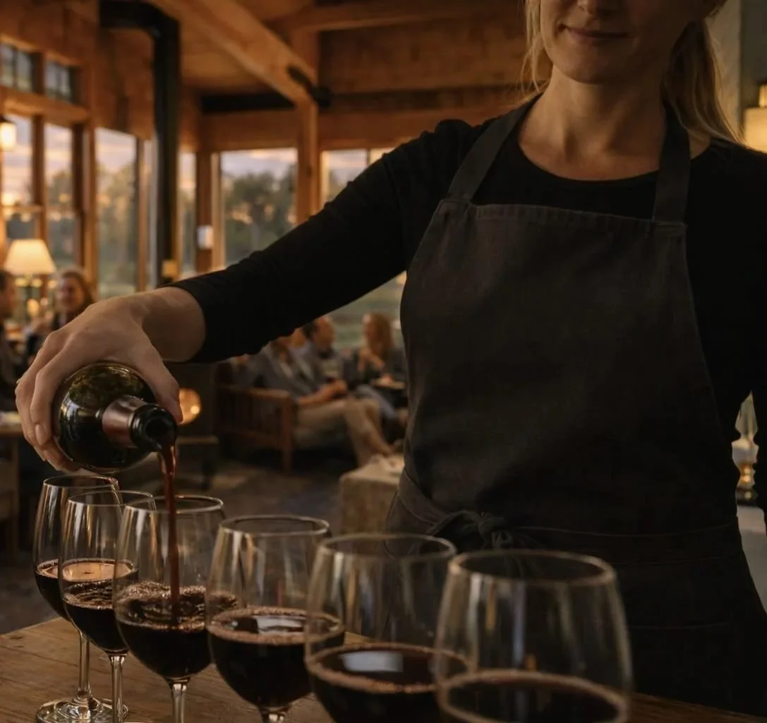 Woman pouring red wine.