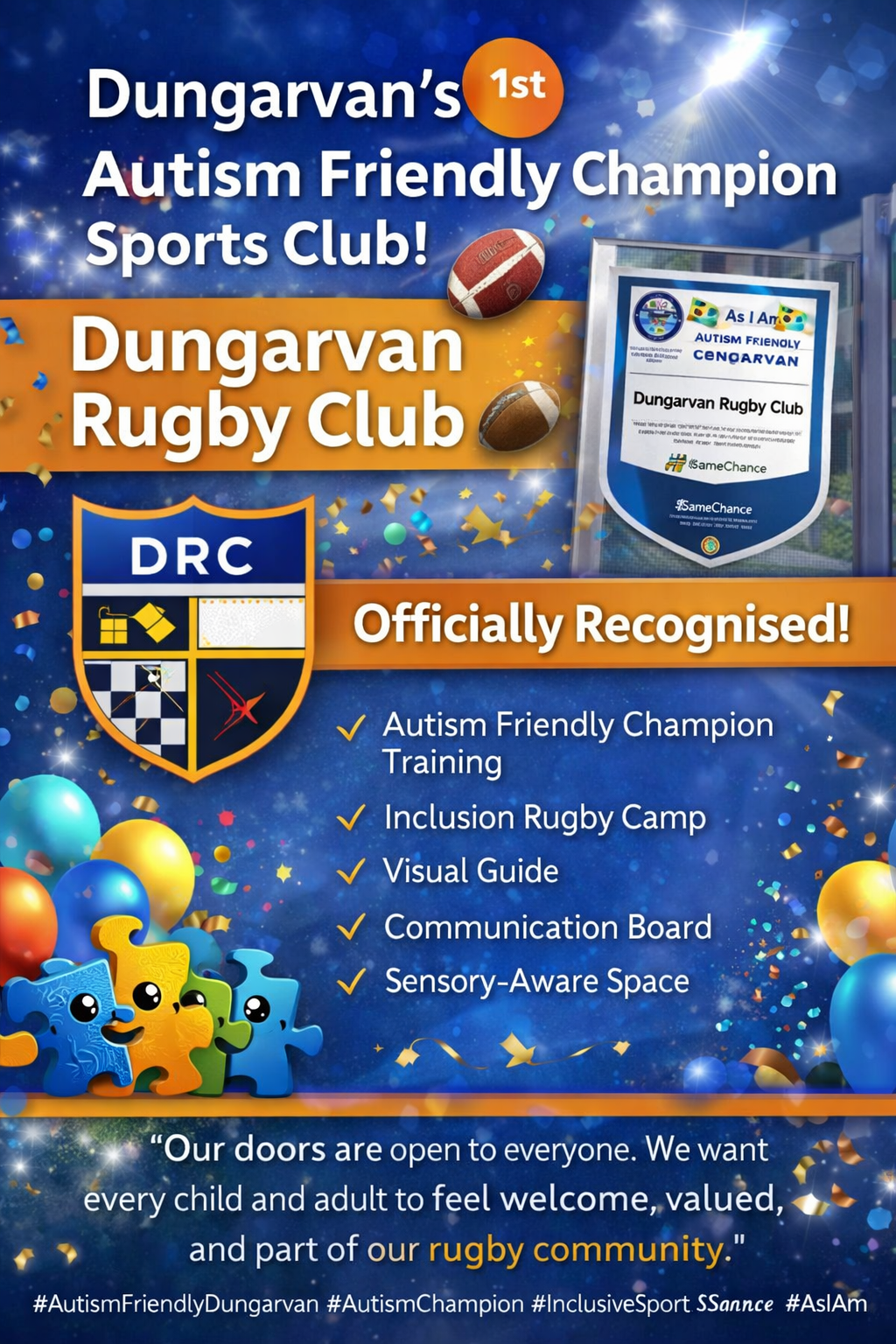 🏉 Dungarvan Rugby Club Named Dungarvan’s First Autism Friendly Champion Sports Club!