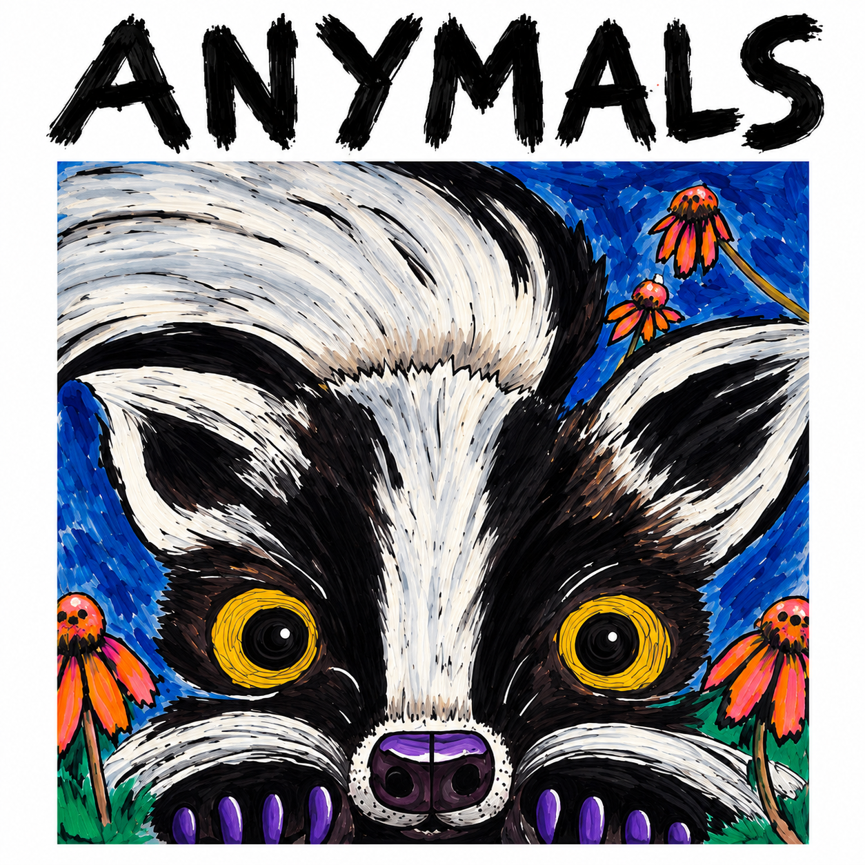 Album artwork: “Skunk #01” Painted with my non-dominant left hand using leftover paint from making art with my son. The first painting in my ANYMALS series.
