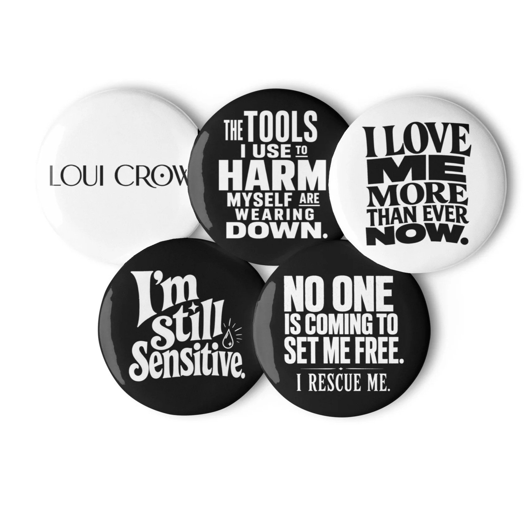 Set of 5 Pin Buttons | Picking, Patterns & Healing | Mind-Body Journey | Loui Crow