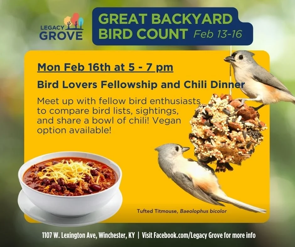 Bird Lovers Fellowship and Chili Dinner for Great Backyard Bird Count at Legacy Grove Park