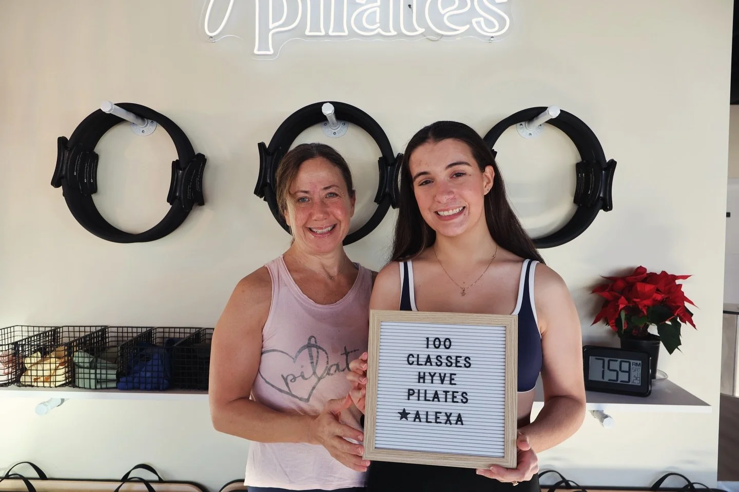 100 classes of pilates on the wall.. thats it no jingle. Alexa hit 100!