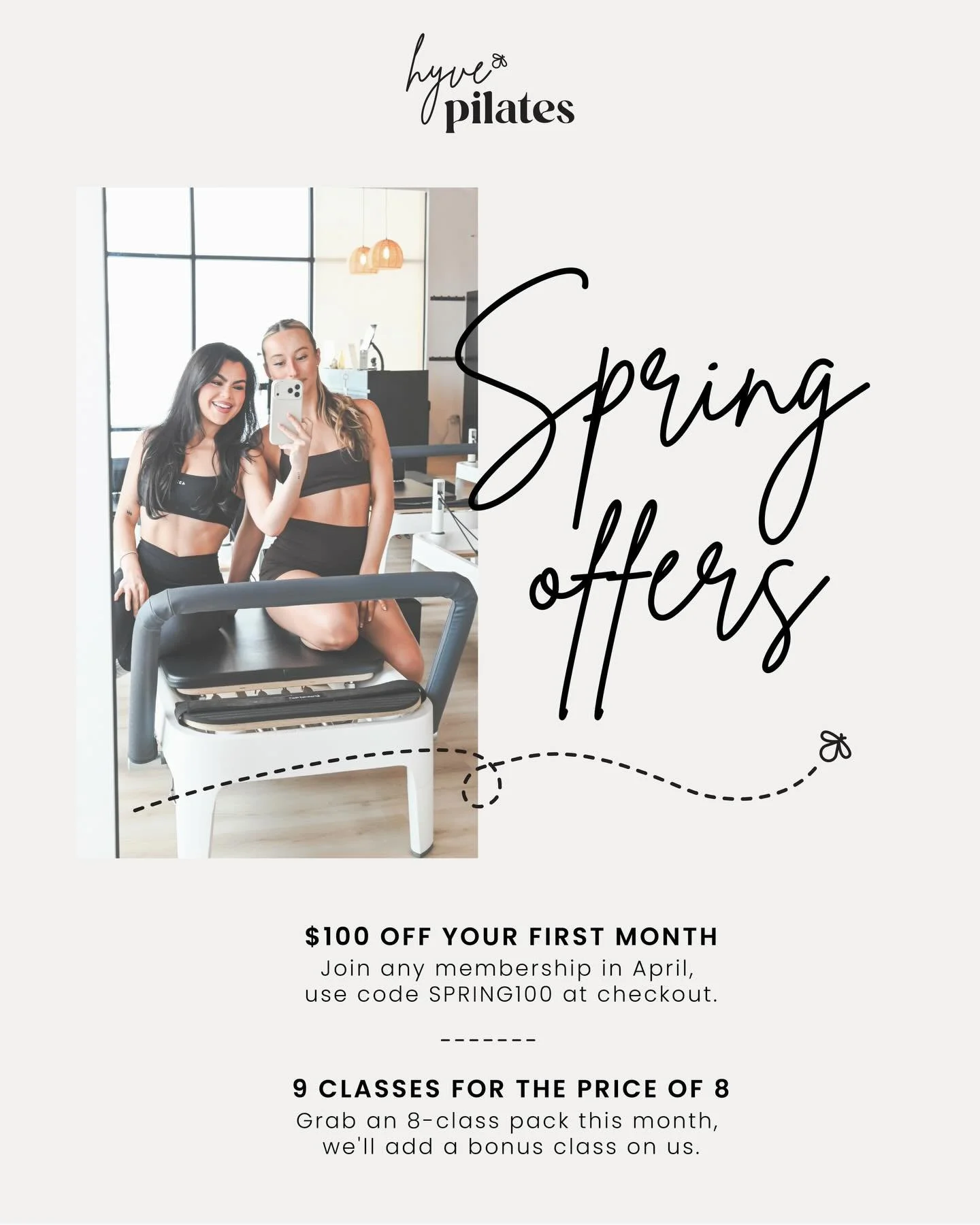 Spring is the perfect time to build a routine, and we&rsquo;re making it easier to start.
$100 off your first month of any Hyve membership with code SPRING100, or grab an 8-class pack and get a bonus class on us. Both offers end April 30. New members